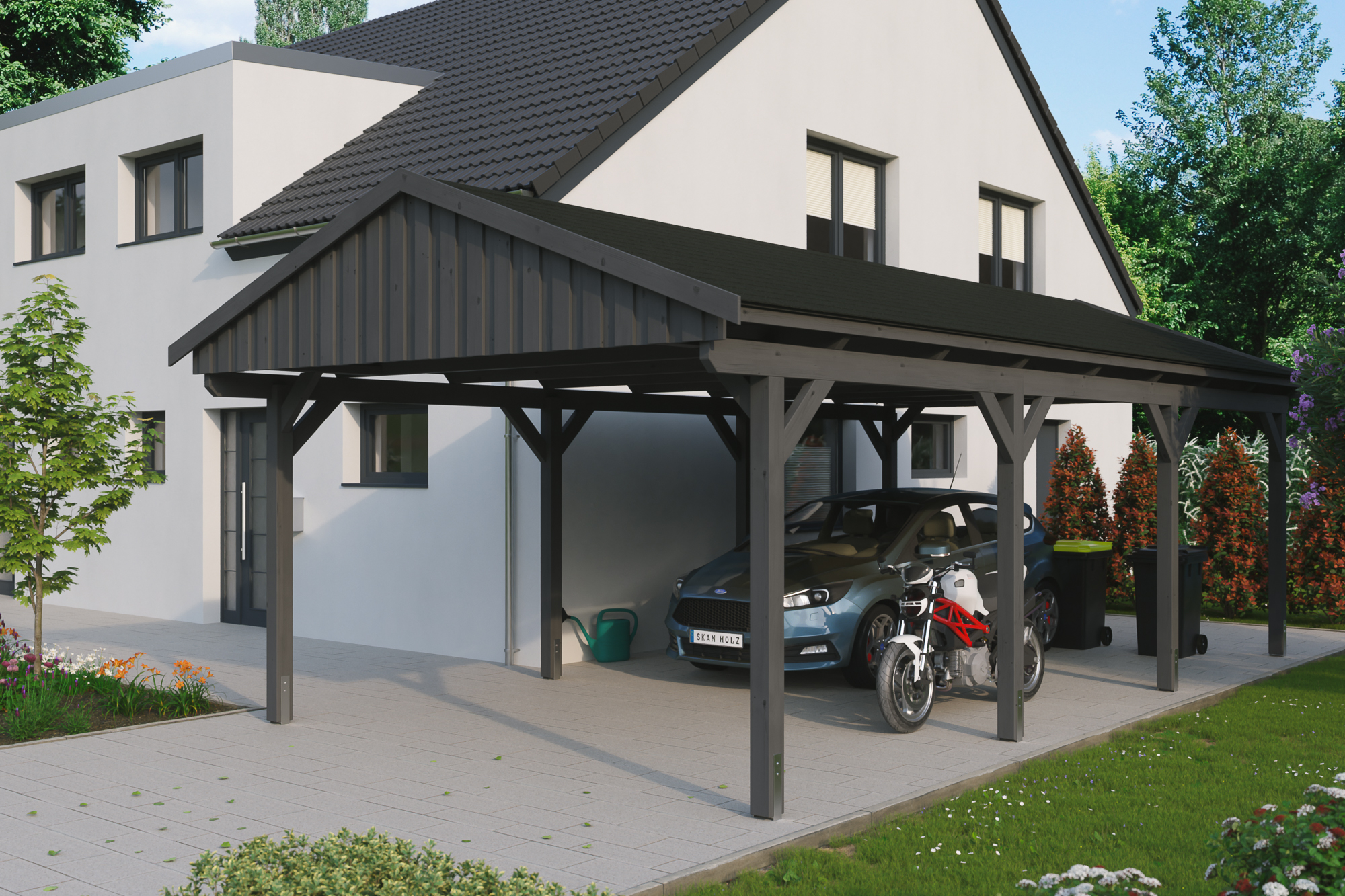 Ambientebild: Carport Fichtelberg 423 x 808 cm, farblich behandelt in schiefergrau, mit schwarzen Dachschindeln