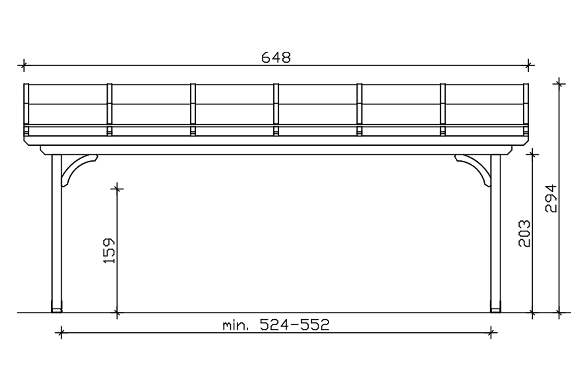 Grafik (Vorderansicht): Terrassenüberdachung Verona 648x239 cm