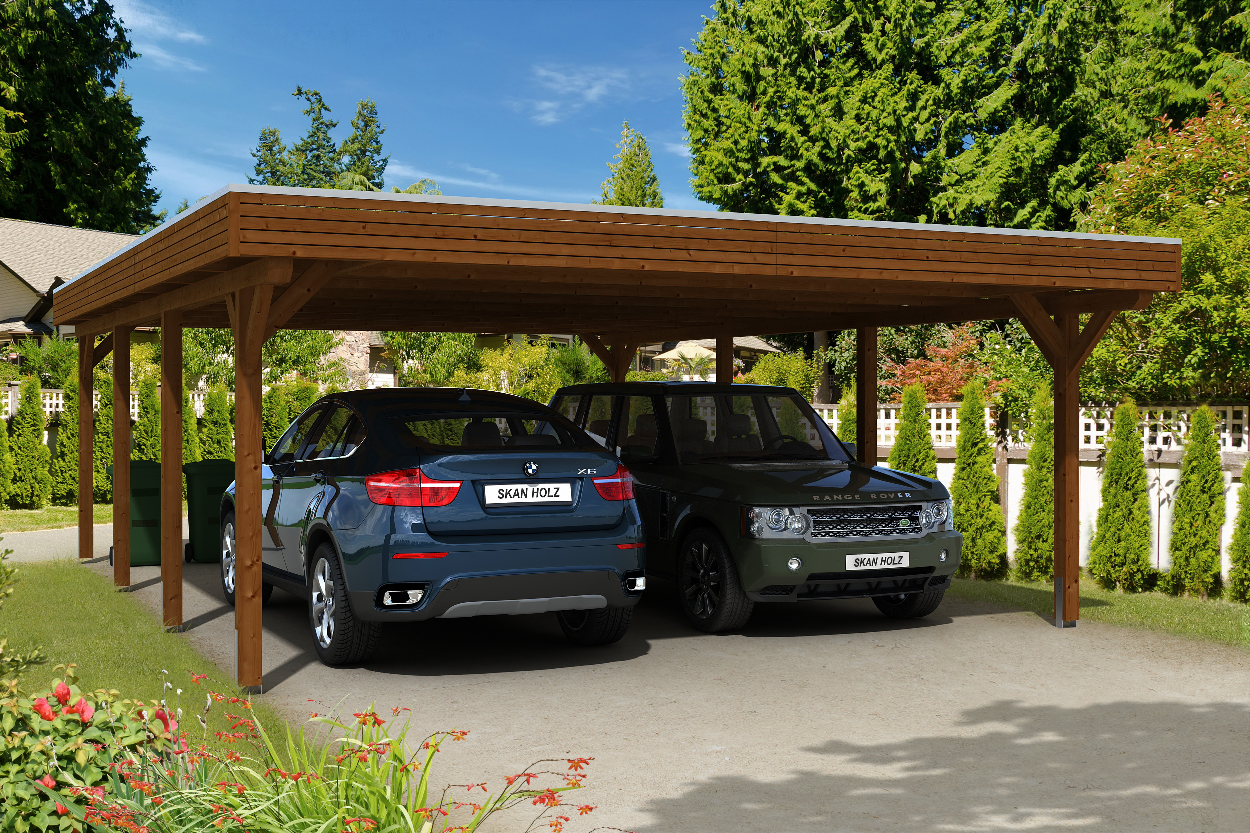 Ambientebild: Carport Spessart 611 x 846 cm, farblich behandelt in nussbaum
