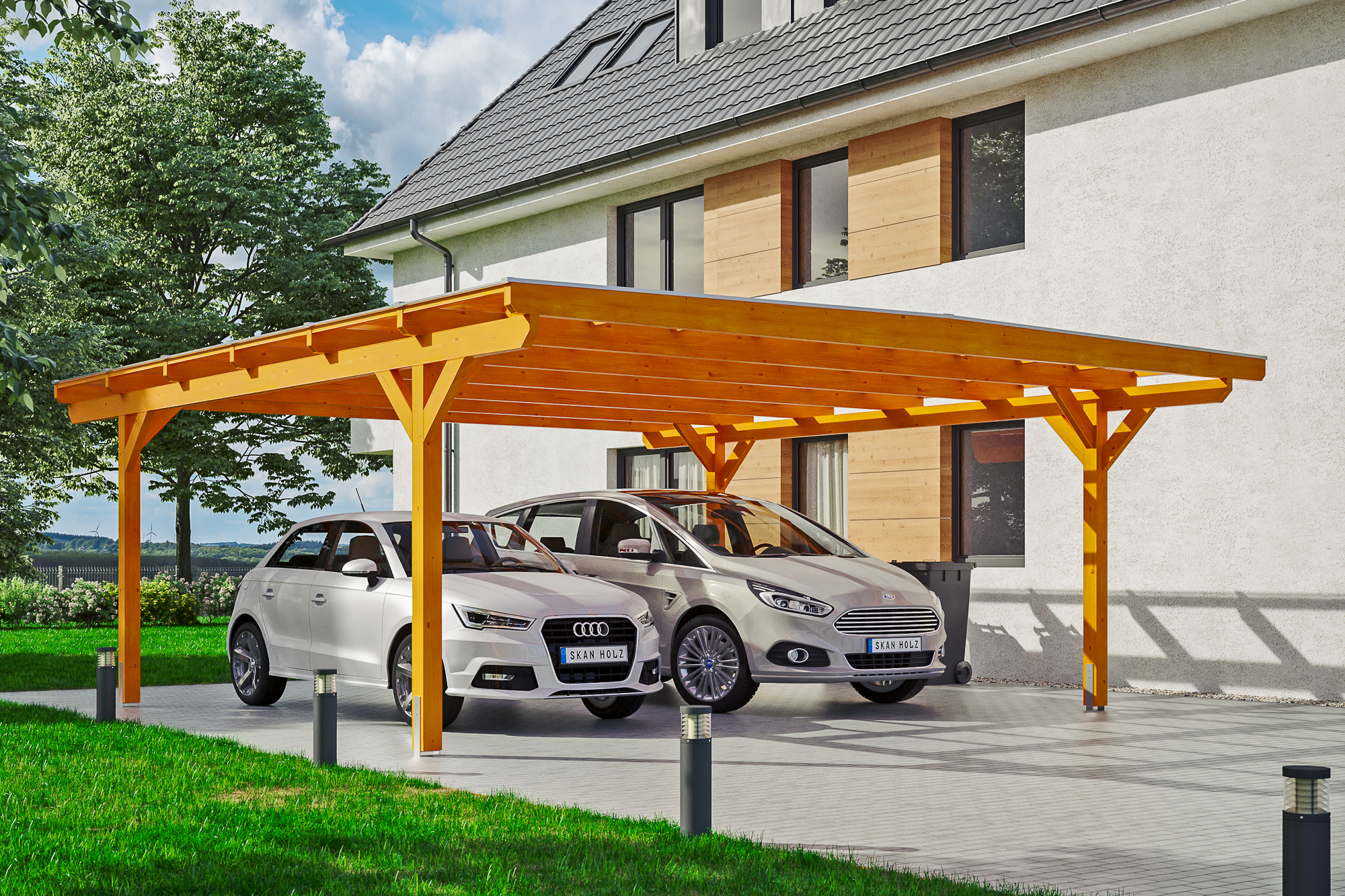 Ambientebild: Carport Odenwald 640 x 648 cm, farblich behandelt in eiche hell