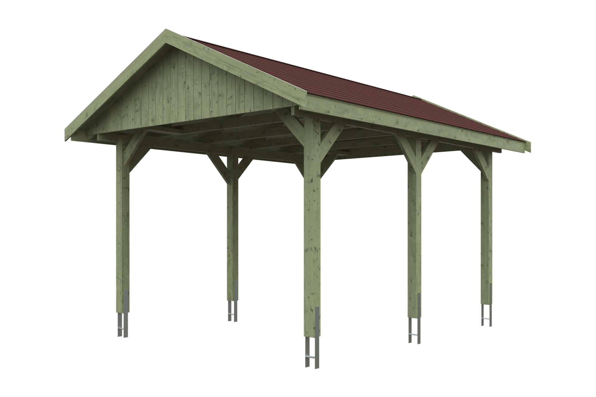Produktbild: Carport Wallgau 380 x 500 cm, mit roten Dachschindeln, grün imprägniert