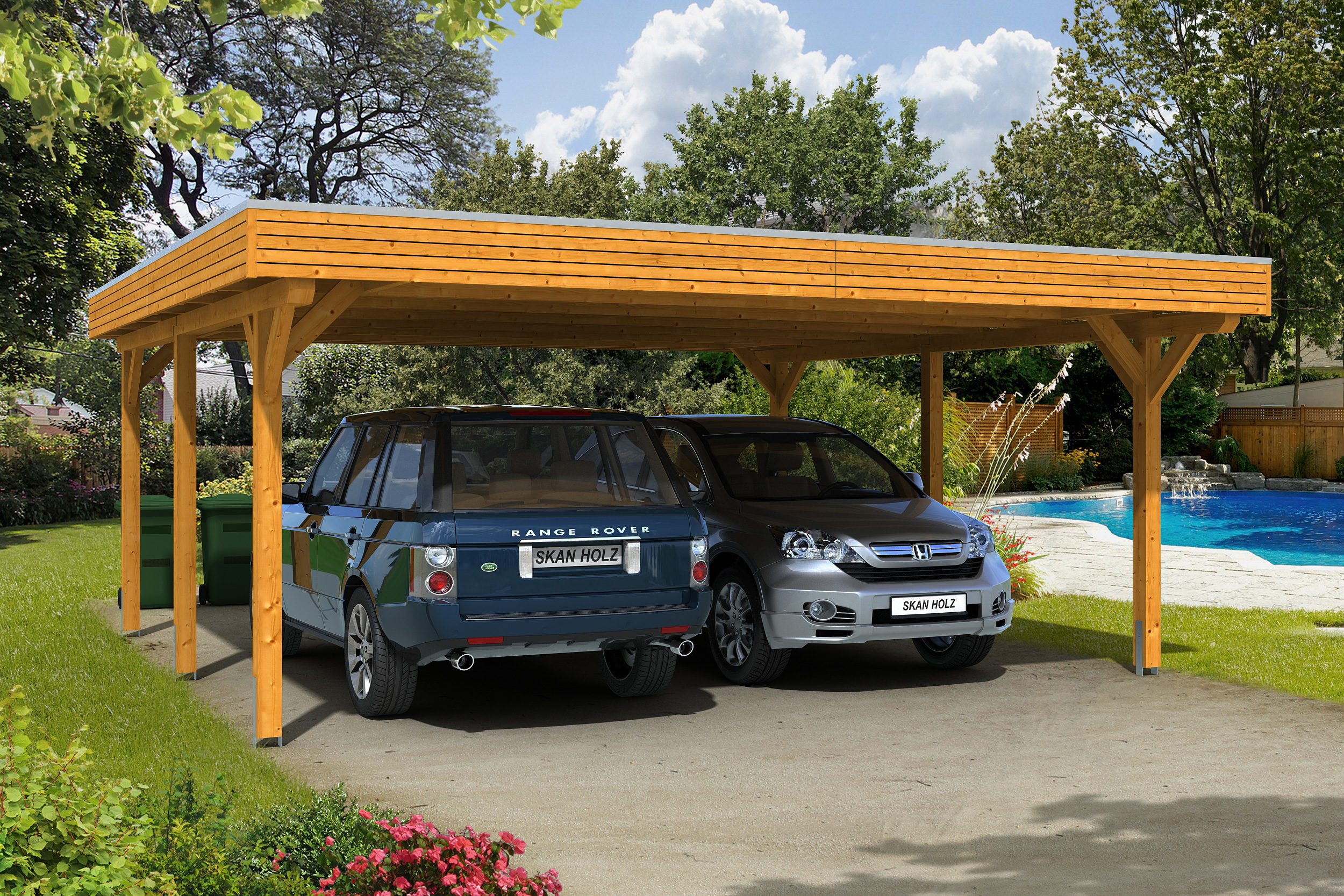 Ambientebild: Carport Spessart 611 x 604 cm, farblich behandelt in eiche hell