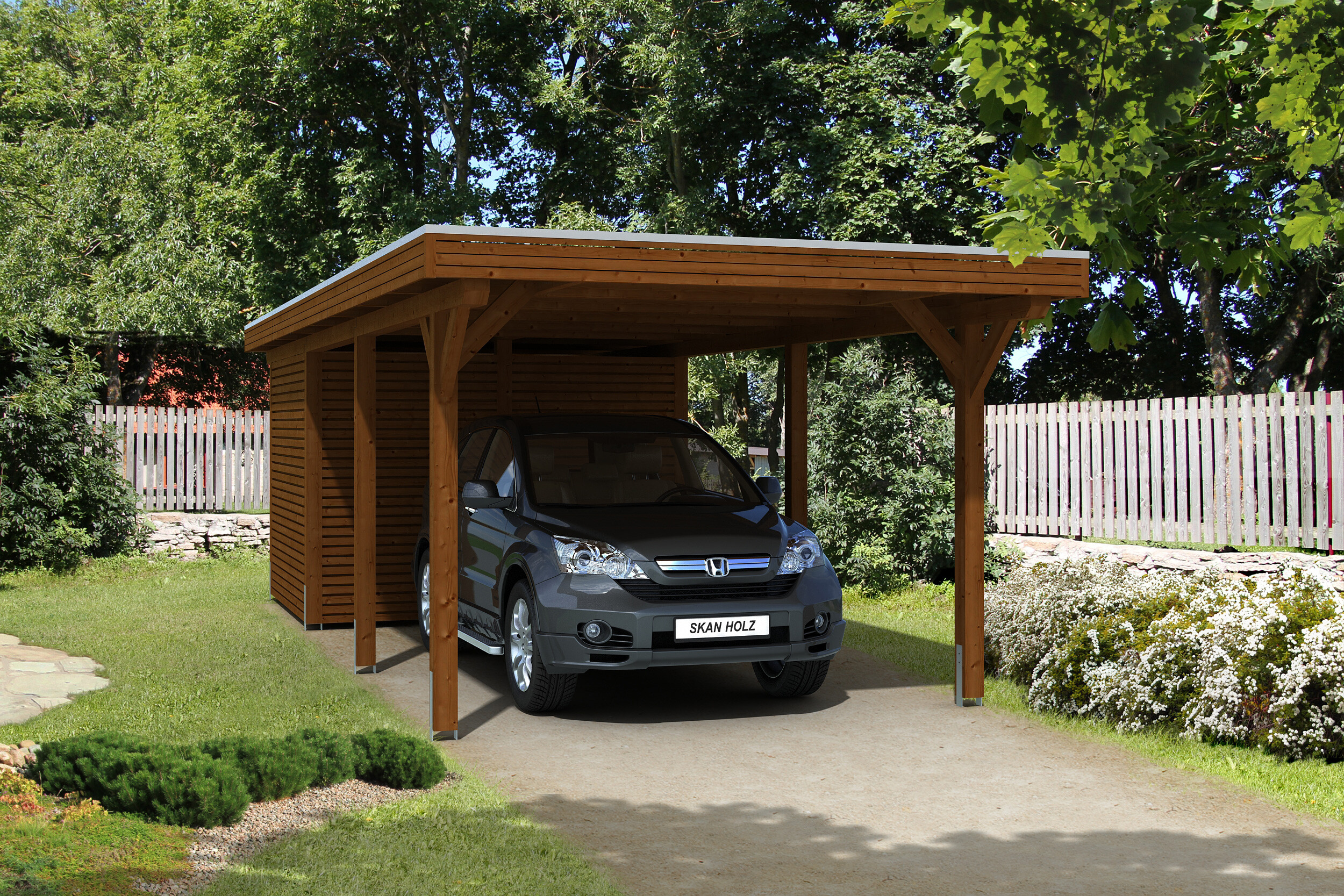 Carport Spessart 355 x 846 cm with storage room, colour pre-treated walnut