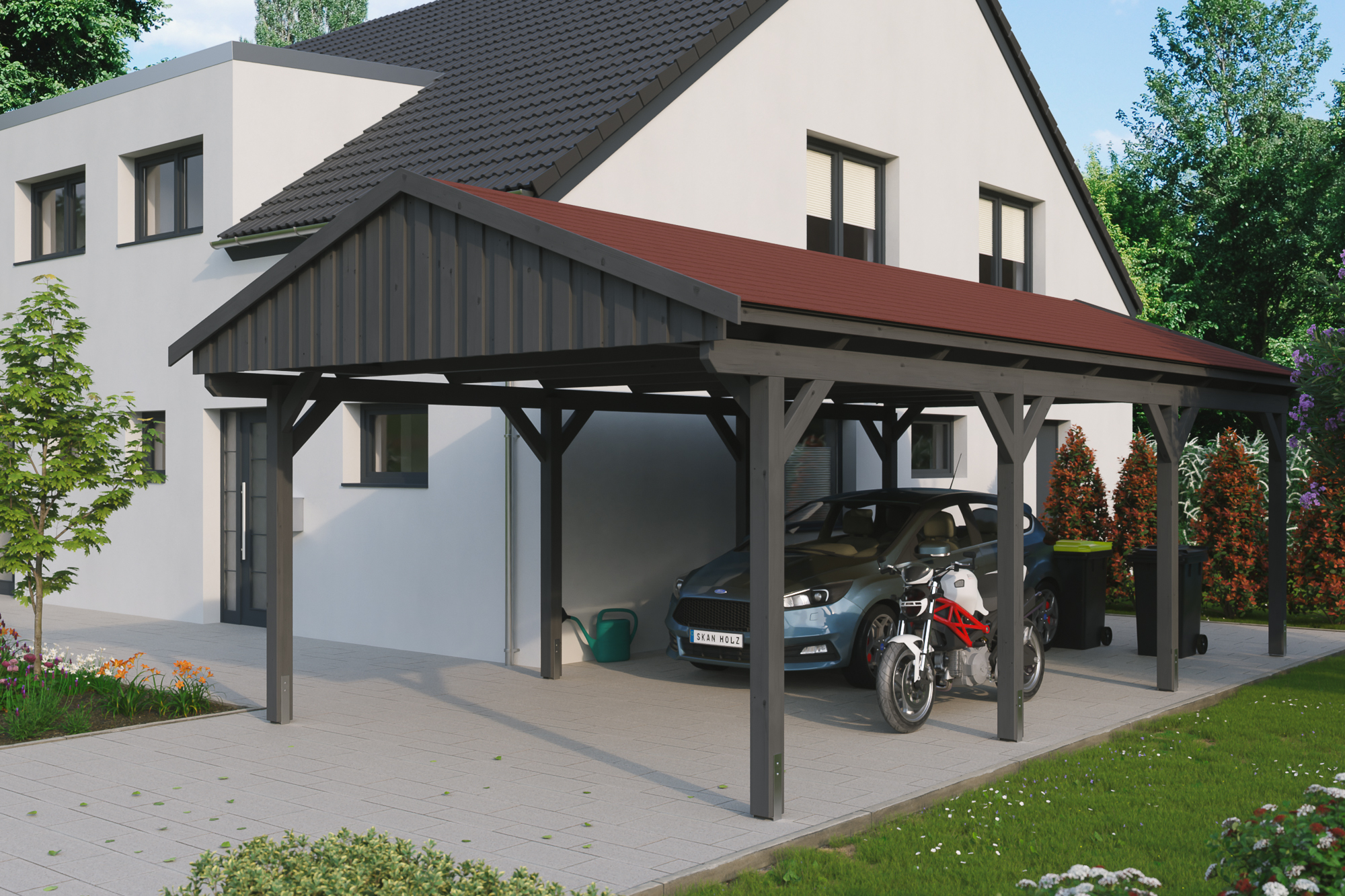 Ambientebild: Carport Fichtelberg 423 x 808 cm, farblich behandelt in schiefergrau, mit roten Dachschindeln