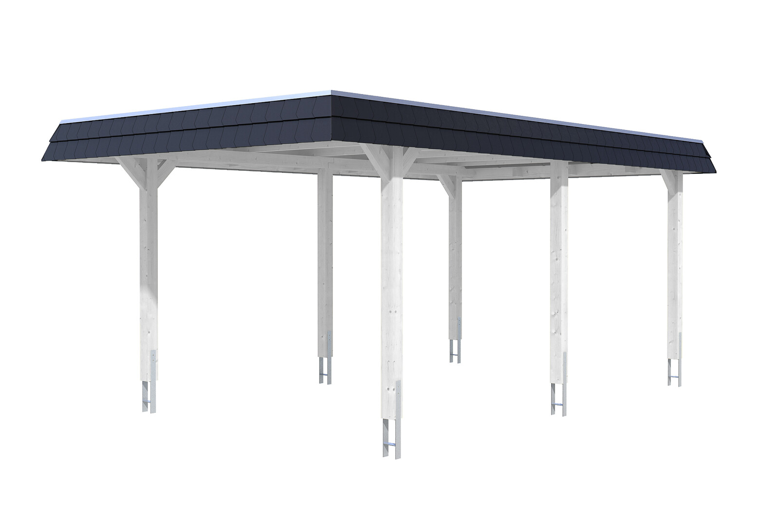 Carport WENDLAND 362x628cm, toit en aluminium, bandeau noir, bois lamellé-collé, traitement coloré blanc