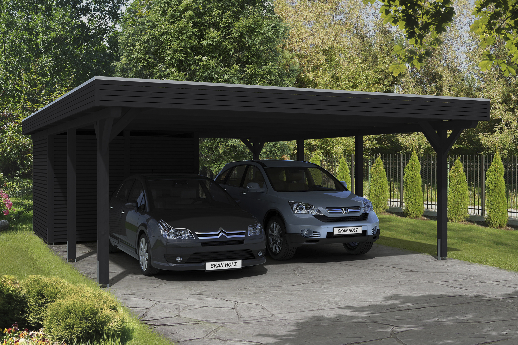Ambientebild: Carport Spessart 611 x 846 cm mit Abstellraum, farblich behandelt in anthrazit