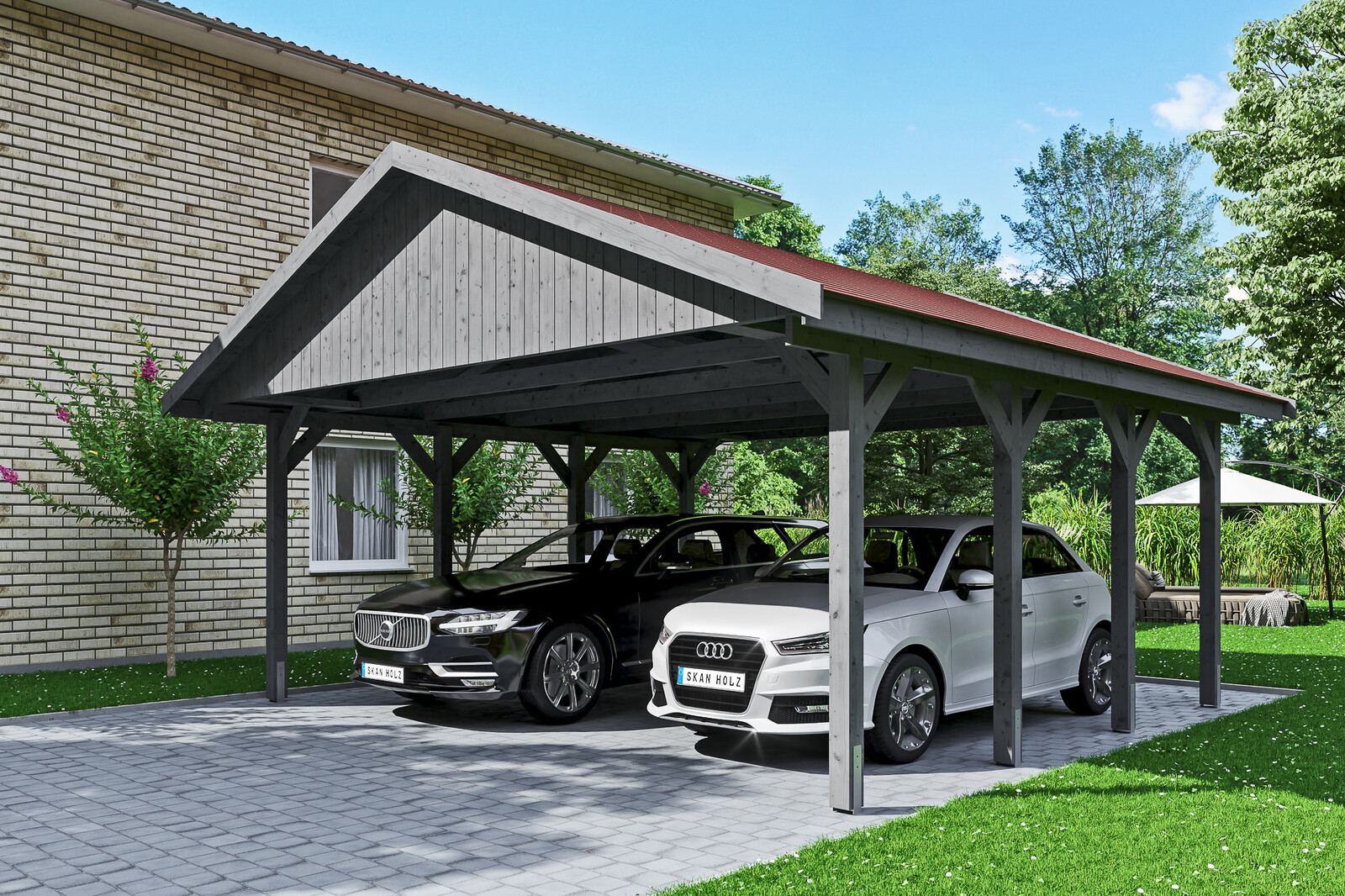 Carport Wallgau 620 x 600 cm, gelakt in leigrijs, inclusief rode dakshingels