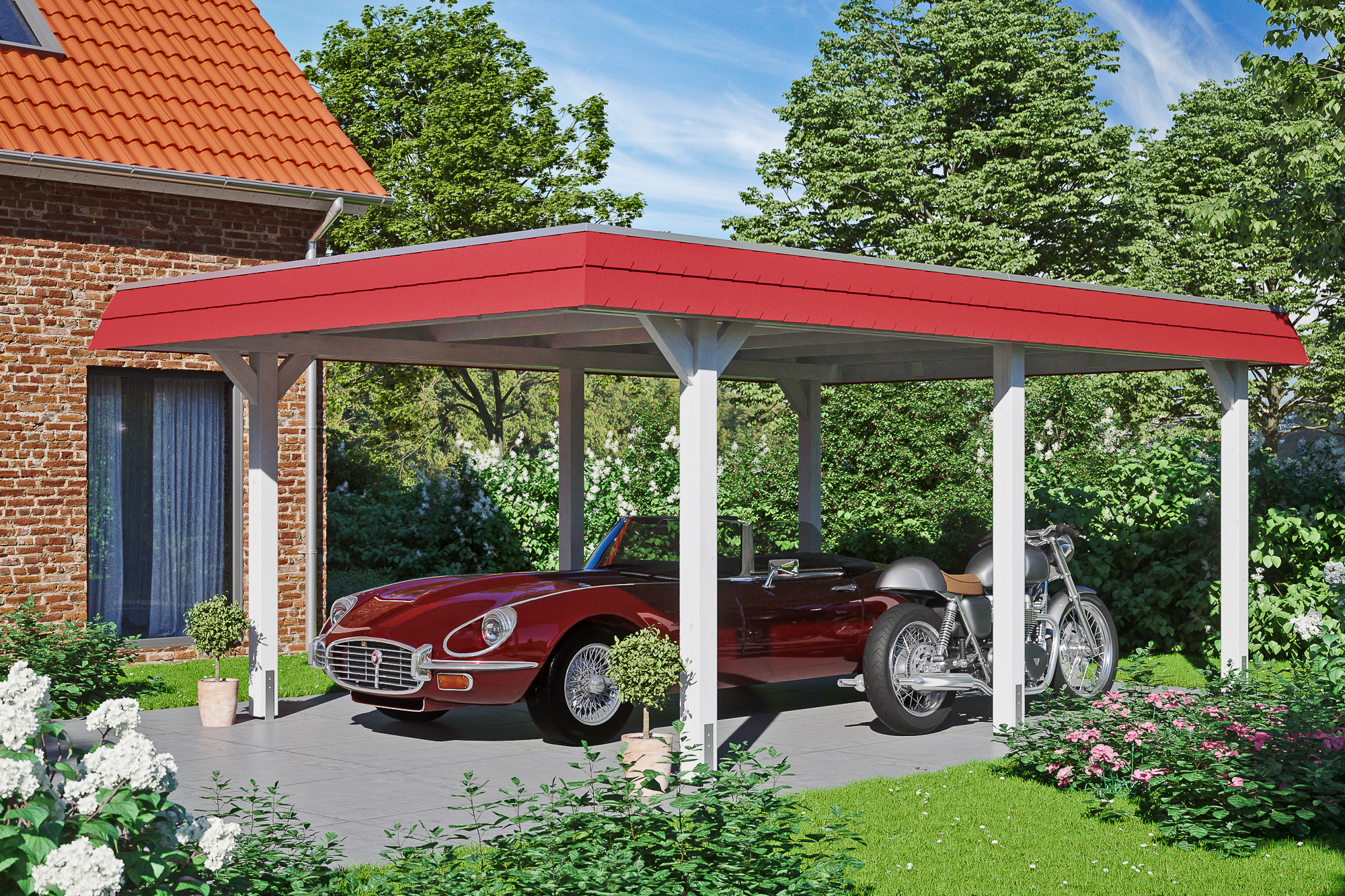 Ambientebild: Carport Wendland 409 x 628 cm, mit roter Blende, farblich behandelt in weiß