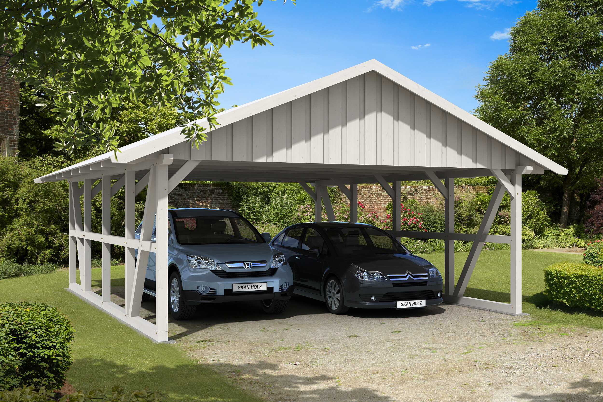Carport Schwarzwald 684 x 772 cm, weiß, mit Dachschalung