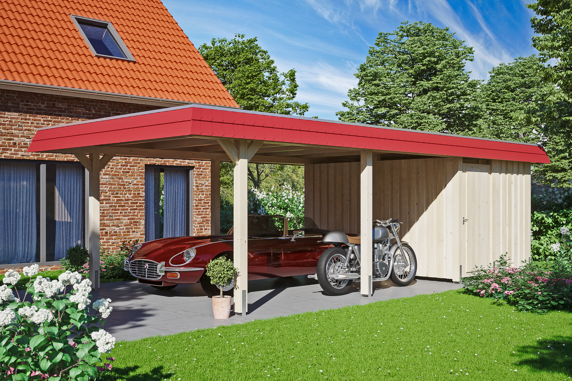 Ambientebild: Carport Wendland 409 x 870 cm, mit Abstellraum, mit roter Blende