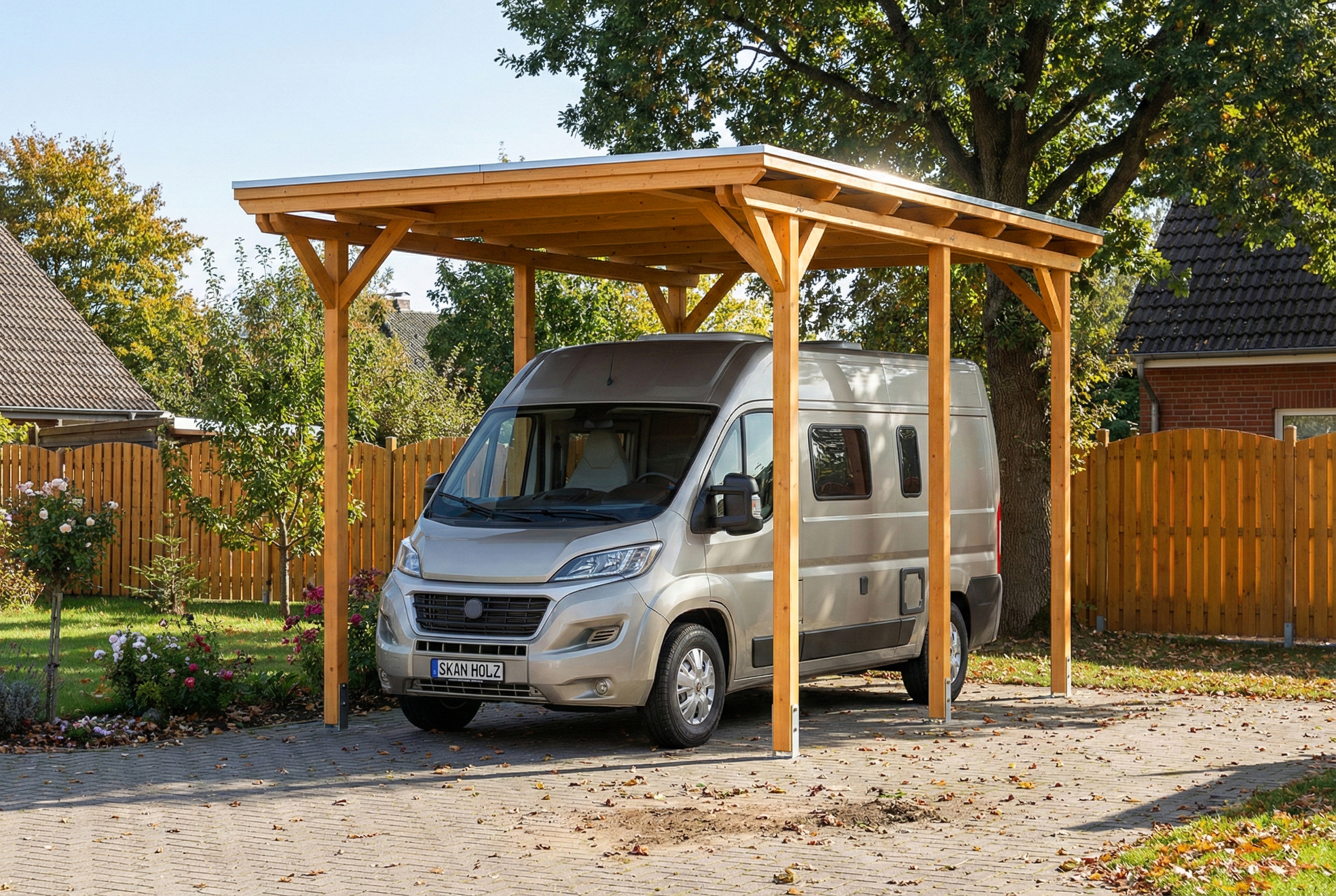 Carport Emsland Caravan 402 x 604 cm, stalen dakplaten met antiek condensvlies, licht eiken