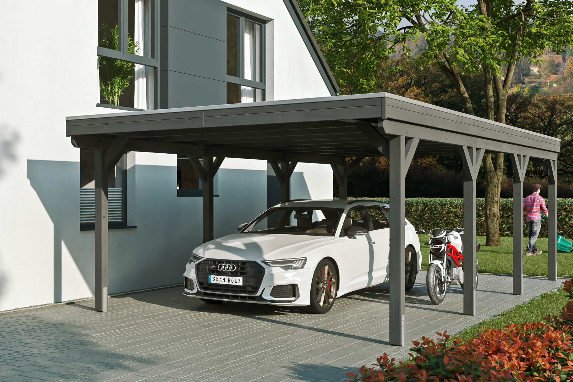 Ambientebild: Carport Grunewald 427 x 796 cm, farblich behandelt in schiefergrau