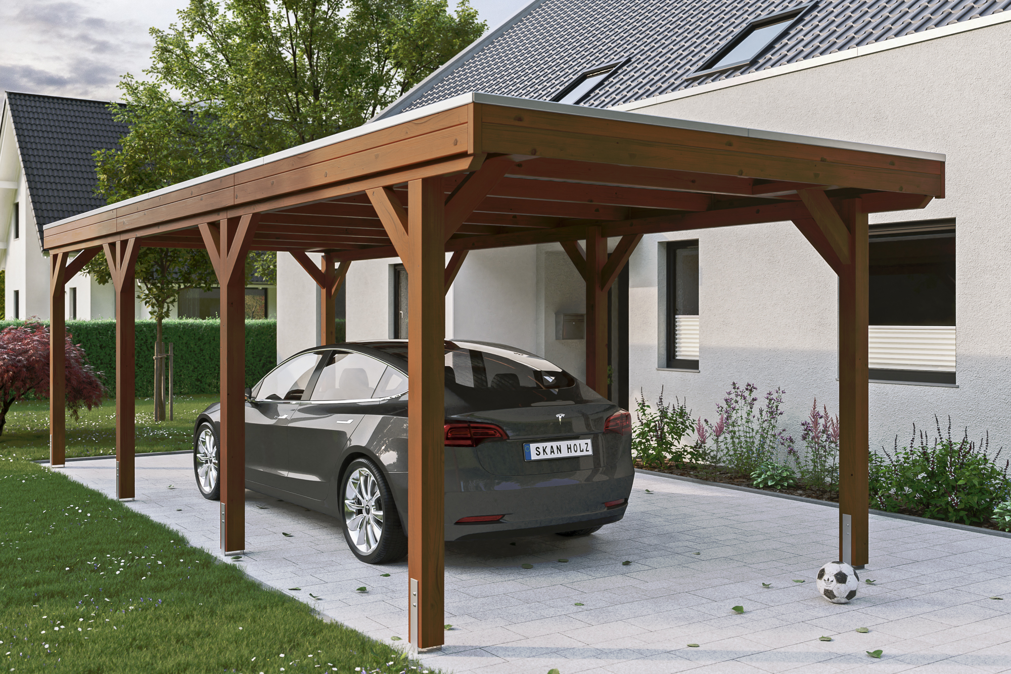 Ambientebild: Carport Grunewald 321 x 796 cm, farblich behandelt in nussbaum