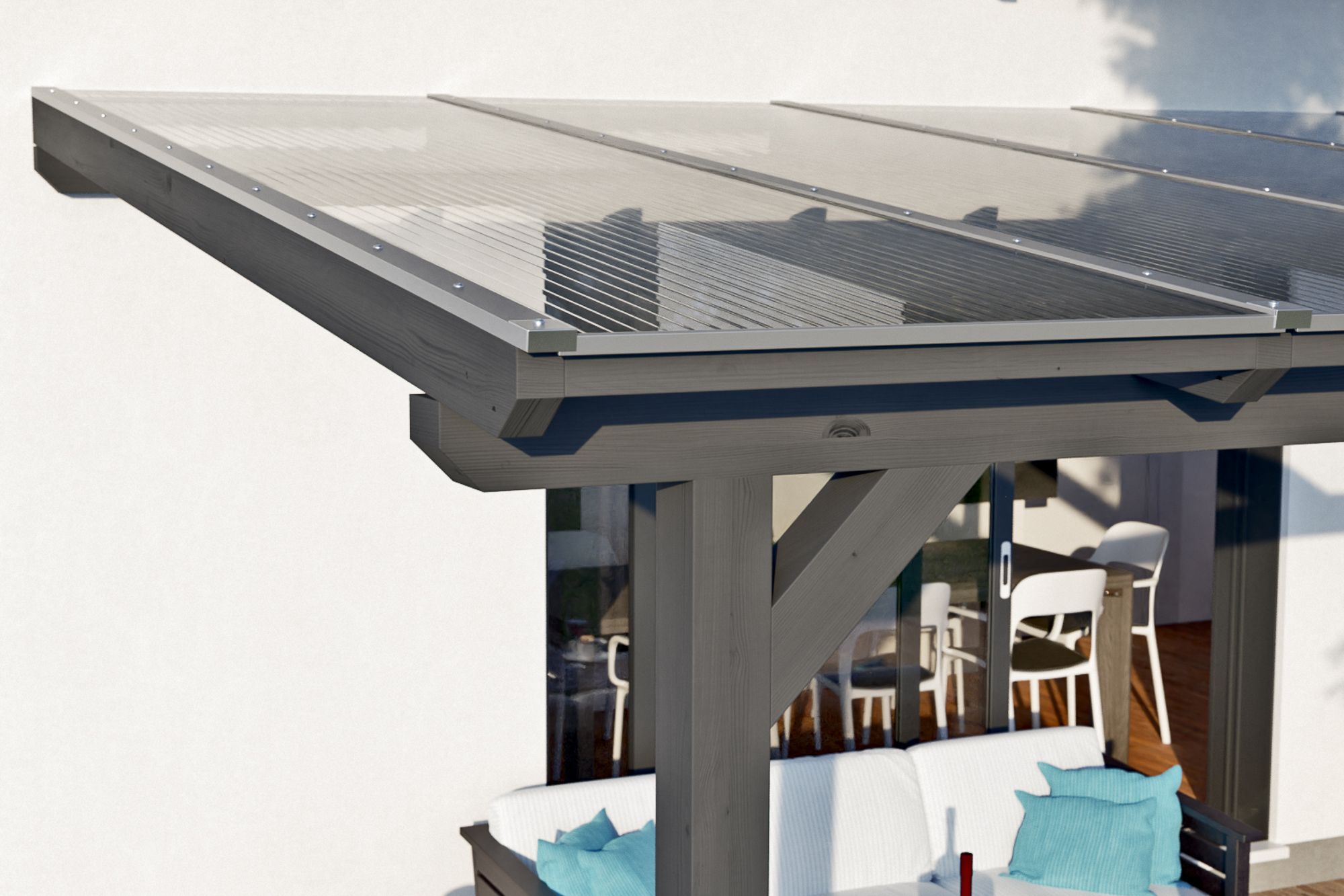 Detailbild einer Terrassenüberdachung Andria/Bormio farblich behandelt in schiefergrau mit Blick seitlich auf das Dach