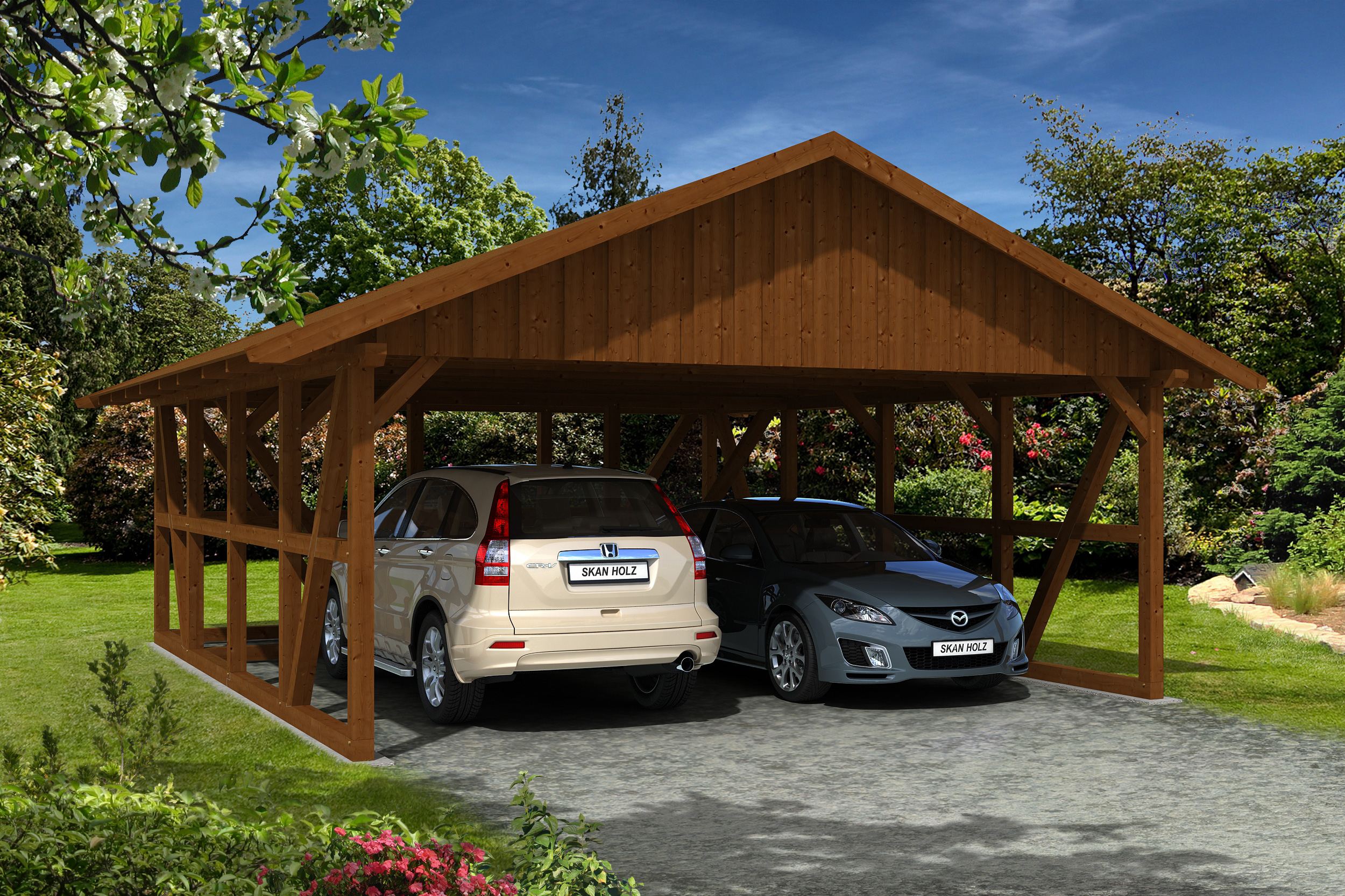 Carport Schwarzwald 684 x 772 cm, met bergruimte 560cm, met dakbetimmering, gelakt in noten