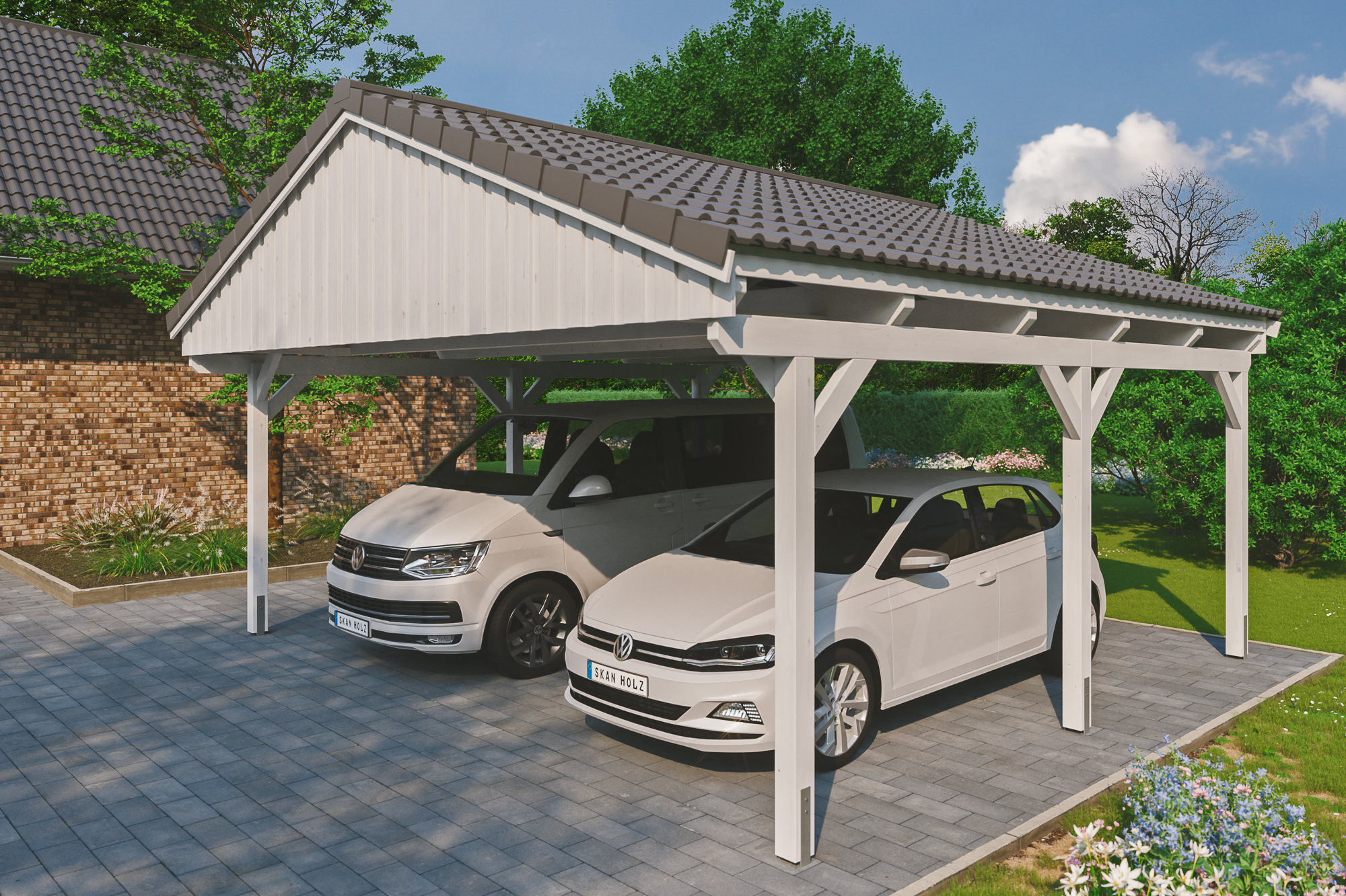 Ambientebild: Carport Fichtelberg 618 x 566 cm, farblich behandelt in weiß, mit Dachziegeln