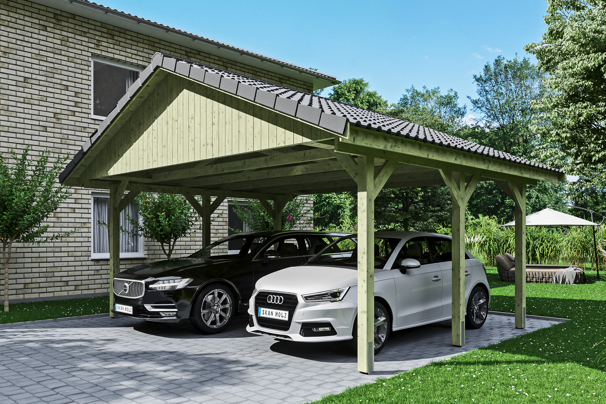 Ambientebild: Carport Wallgau 620 x 500 cm, mit Dachziegeln, grün imprägniert 