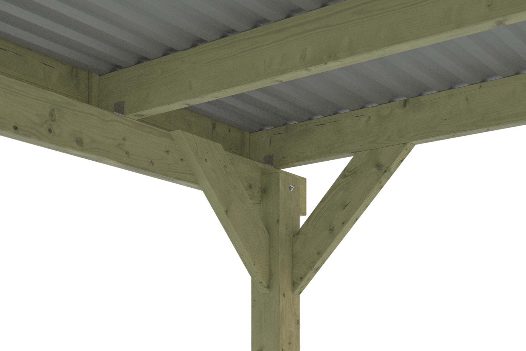 Detailbild: Dachkonstruktion beim Carport Friesland, grün imprägniert, mit Aluminiumdachplatten (von unten)
