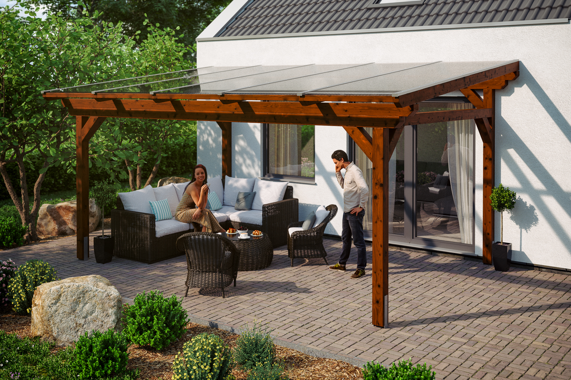 Ambientebild: Terrassenüberdachung Sanremo, Breite 541 cm, farblich behandelt in nussbaum