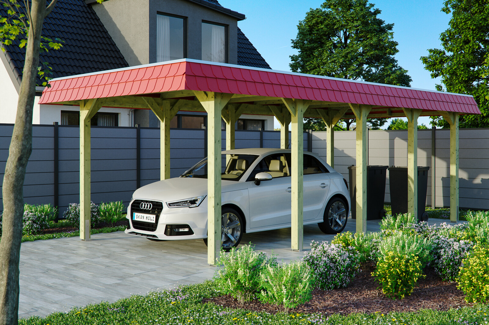 Carport SPREEWALD 345x741cm, planches de toit et EPDM, bandeau rouge, bois résineux imprégné vert