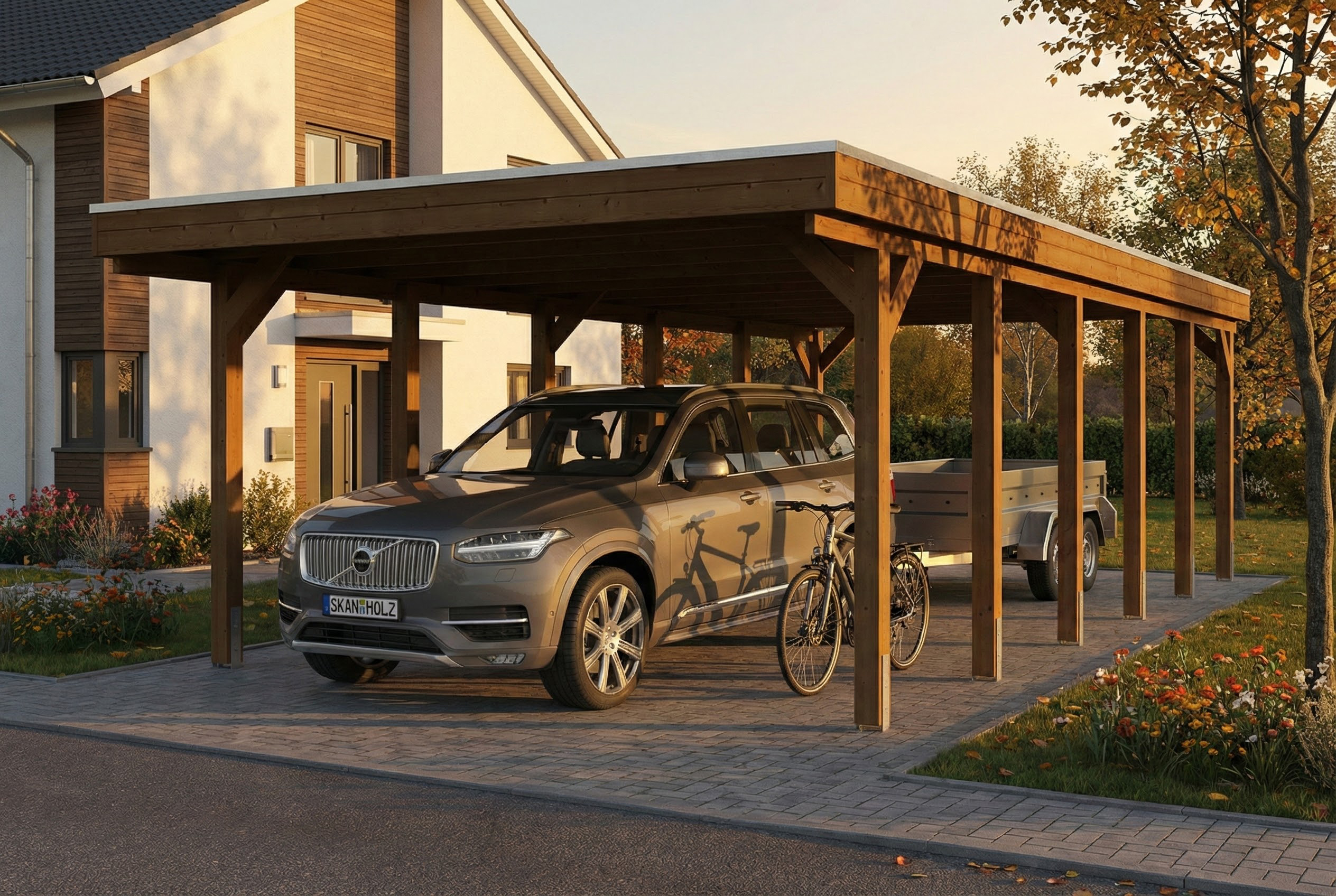 Carport Friesland 402 x 860 cm, mit EPDM-Dach, nussbaum