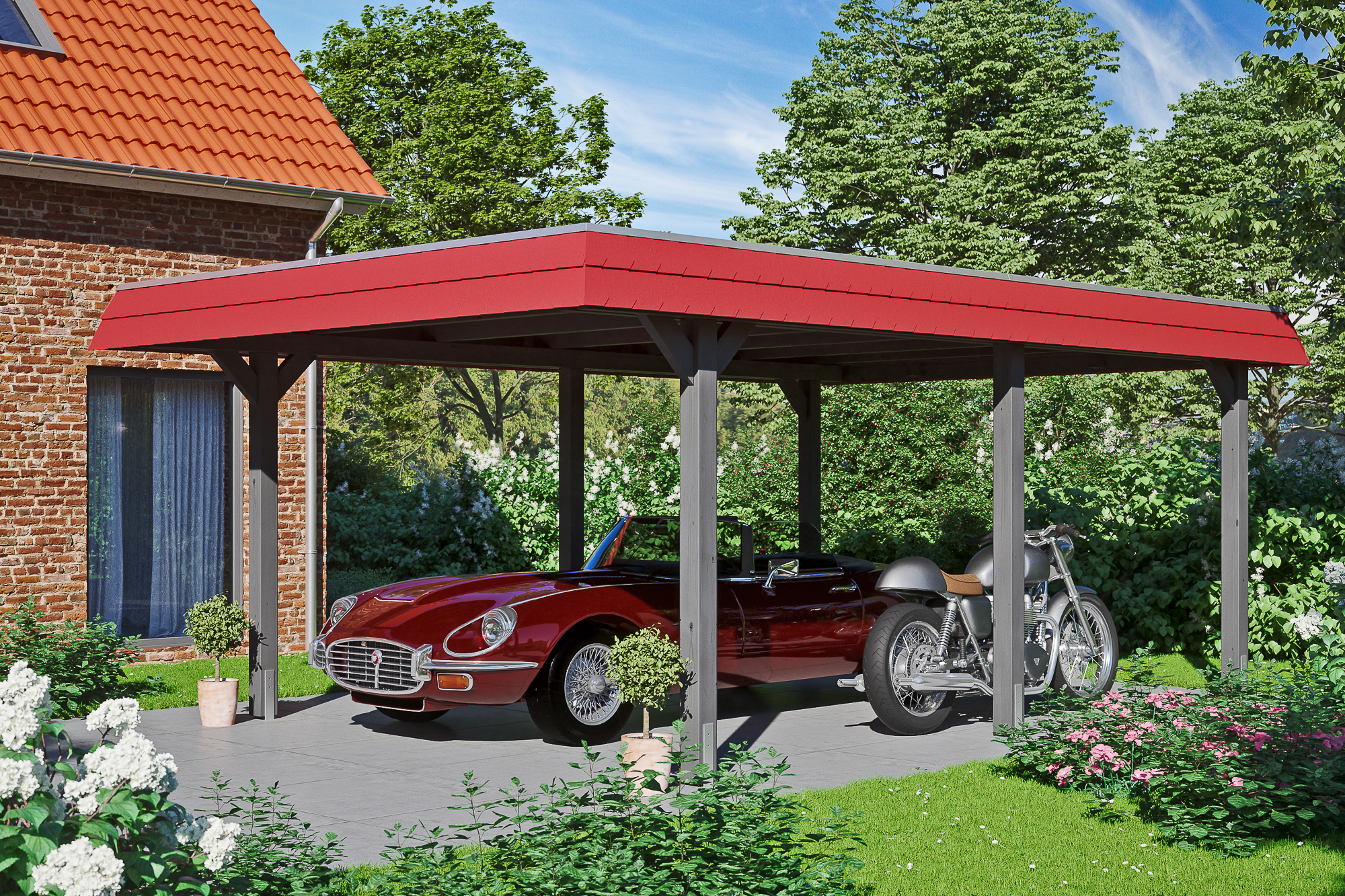 Ambientebild: Carport Wendland 409 x 628 cm, mit roter Blende, farblich behandelt in schiefergrau
