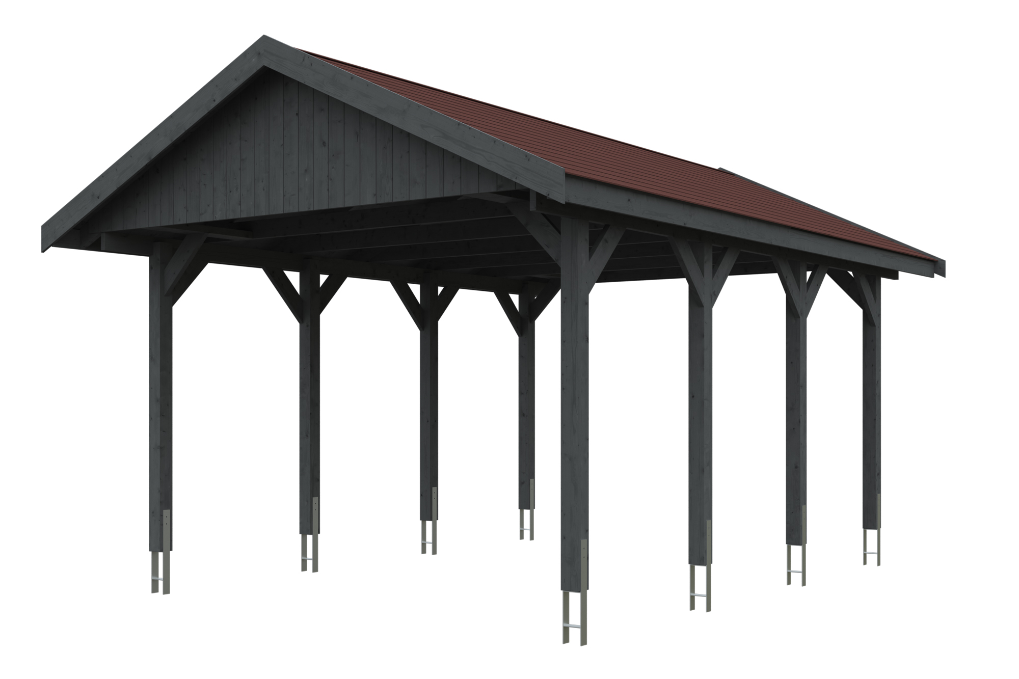 Produktbild: Carport Wallgau 430 x 600 cm, mit roten Dachschindeln, farblich behandelt in schiefergrau