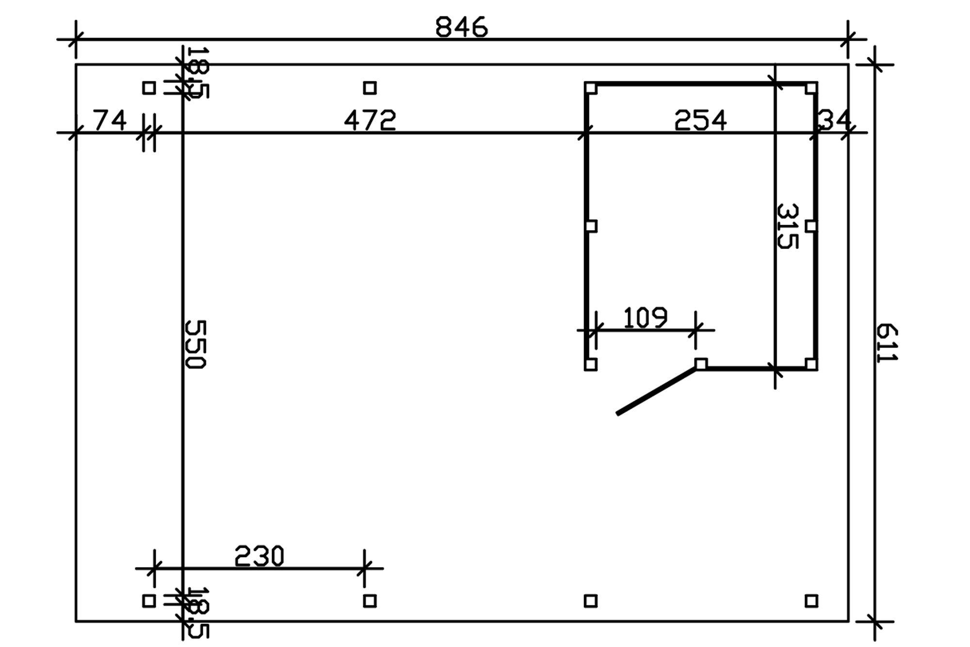 Grafik (Grundriss): Carport Spessart 611 x 846 cm mit Abstellraum