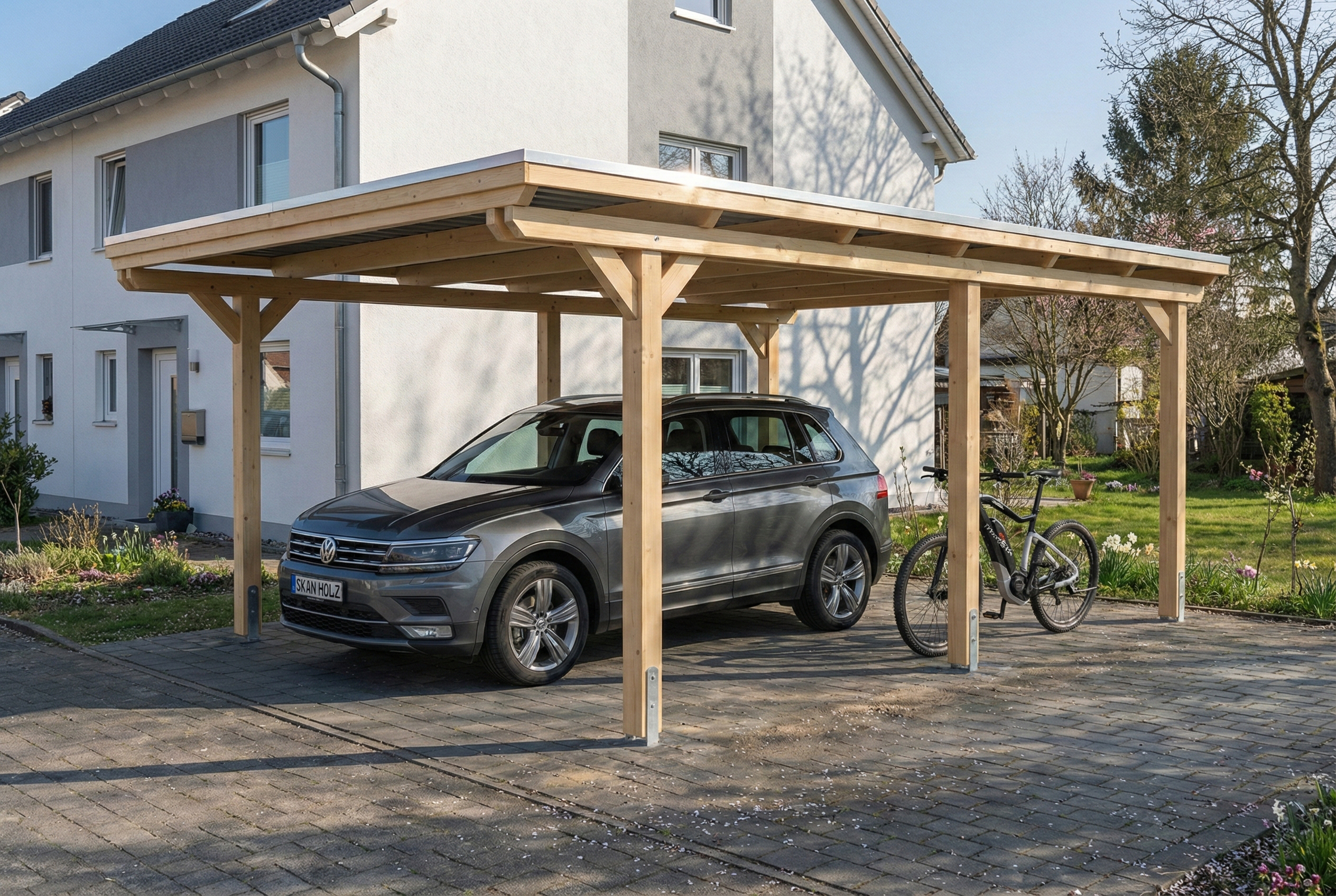 Carport Emsland 402 x 604 cm, panneaux de toit en acier avec voile de condensation antique, naturel