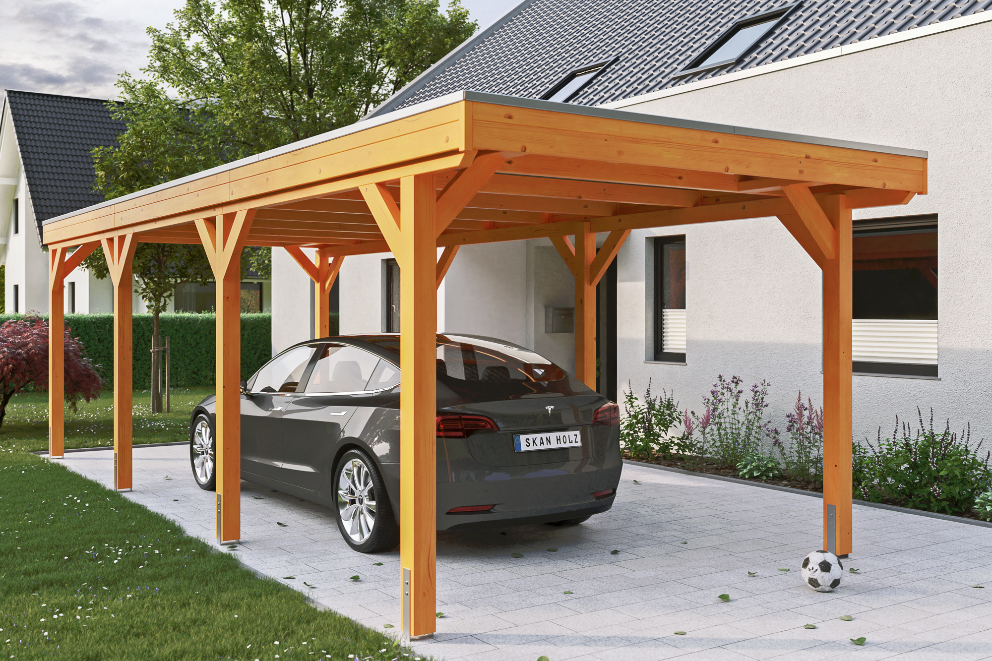 Ambientebild: Carport Grunewald 321 x 796 cm, farblich behandelt in eiche hell
