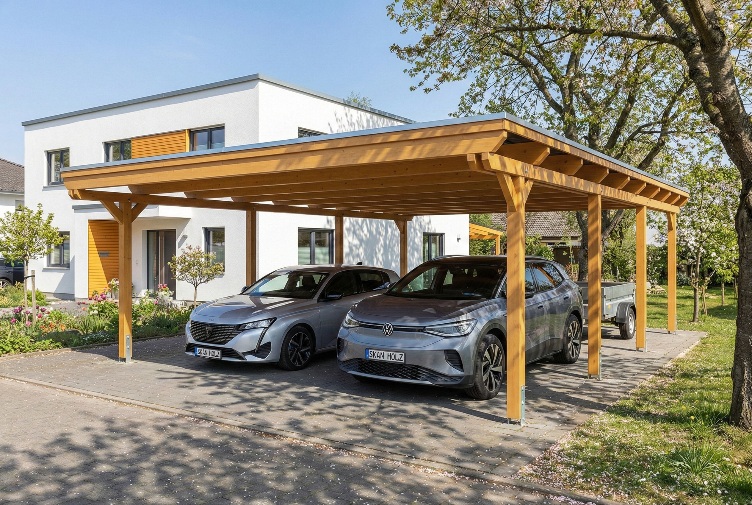 Carport Emsland 609 x 846 cm, stalen dakplaten met antiek condensvlies, licht eiken