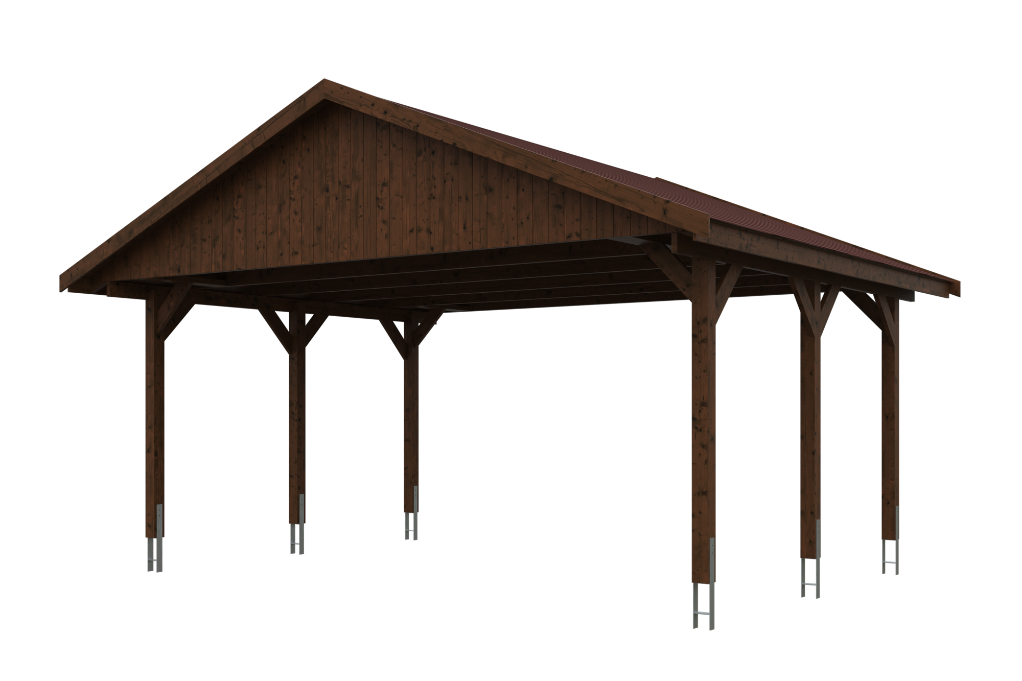 Carport Wallgau 620 x 500 cm, gelakt in noten, inclusief rode dakshingels
