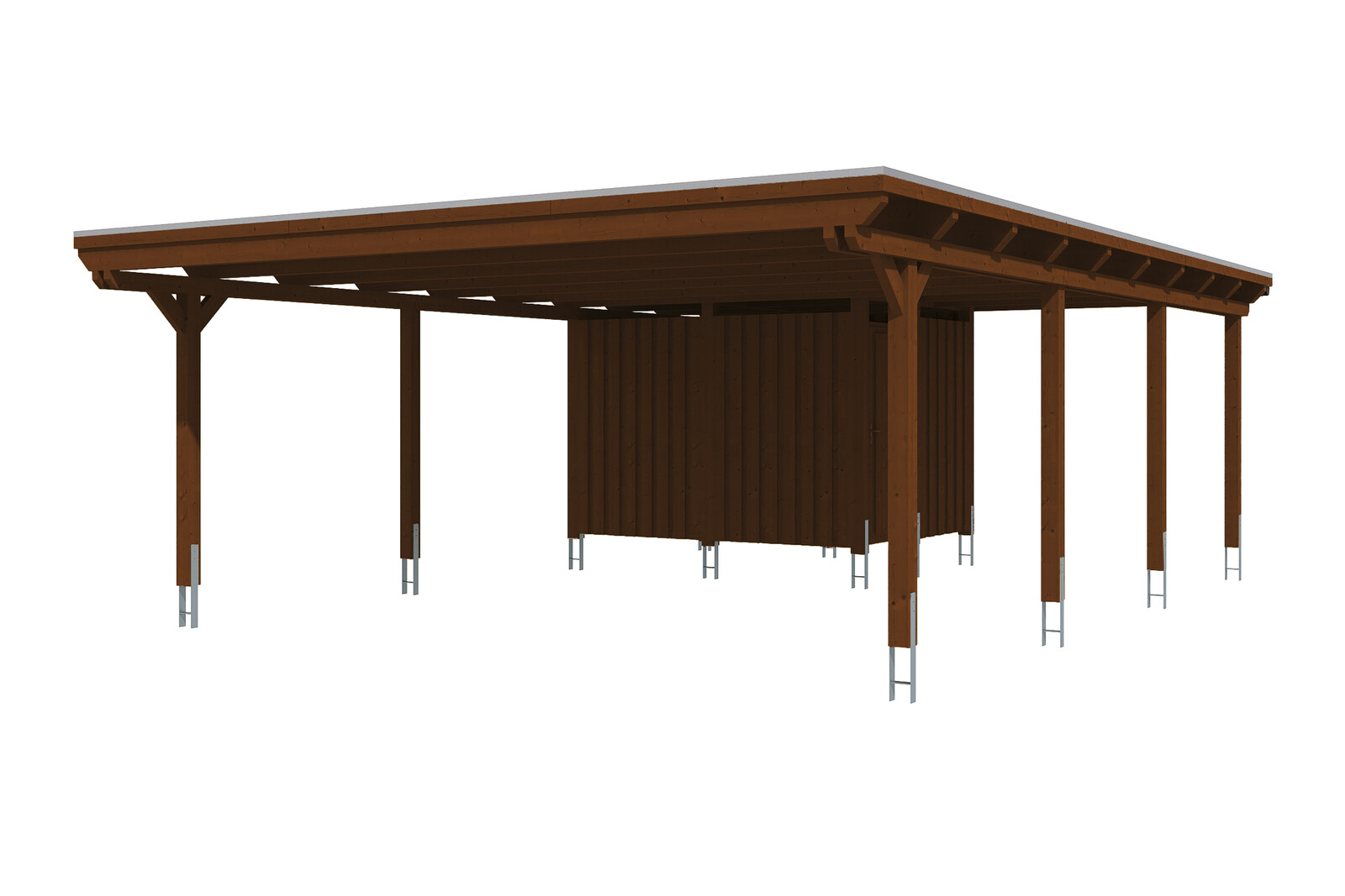 Carport Emsland 613 x 846 cm met bergruimte, gelakt in noten, met Aluminium dakplaten