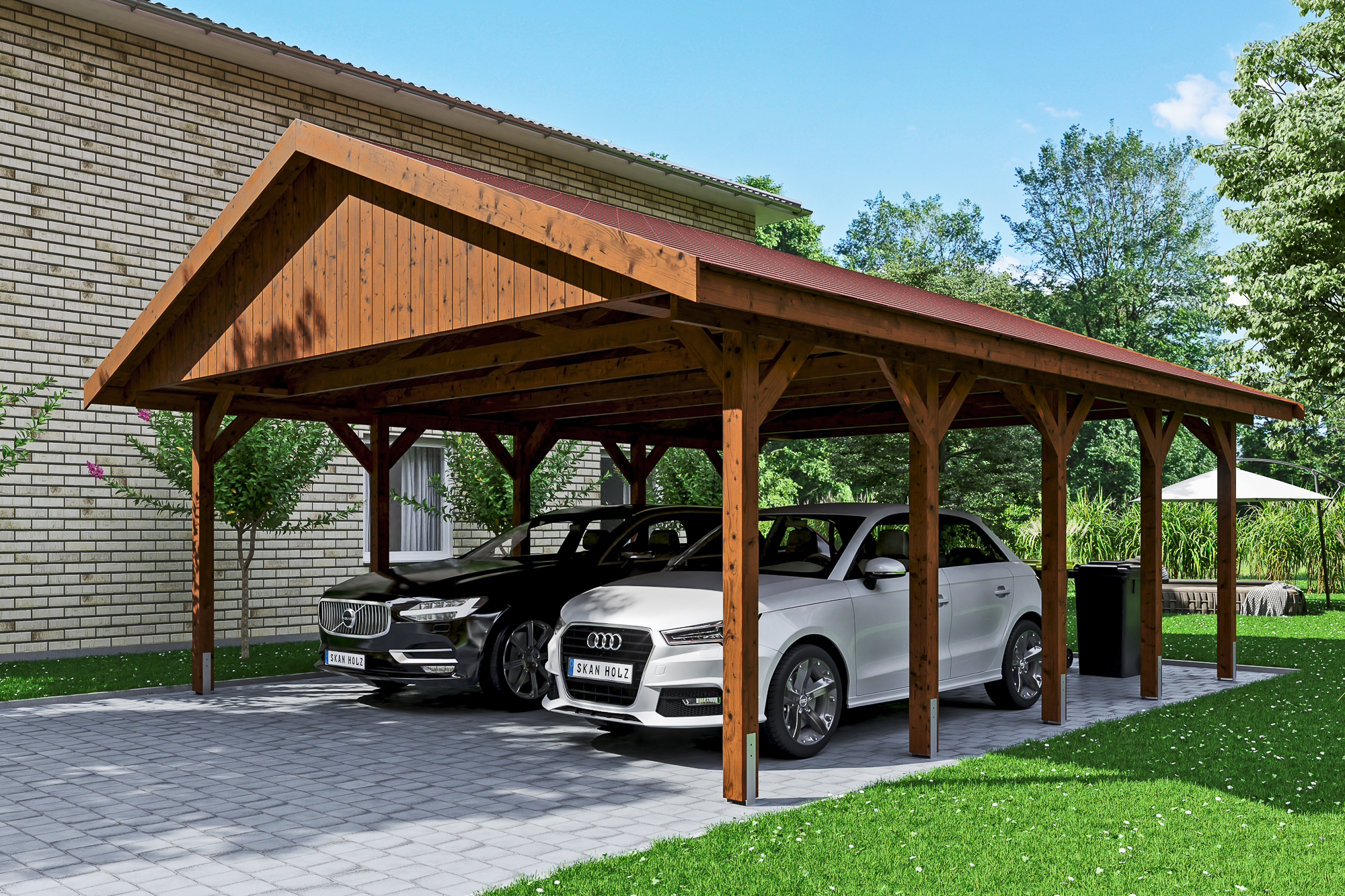 Carport Wallgau 620 x 750 cm, gelakt in noten, inclusief rode dakshingels