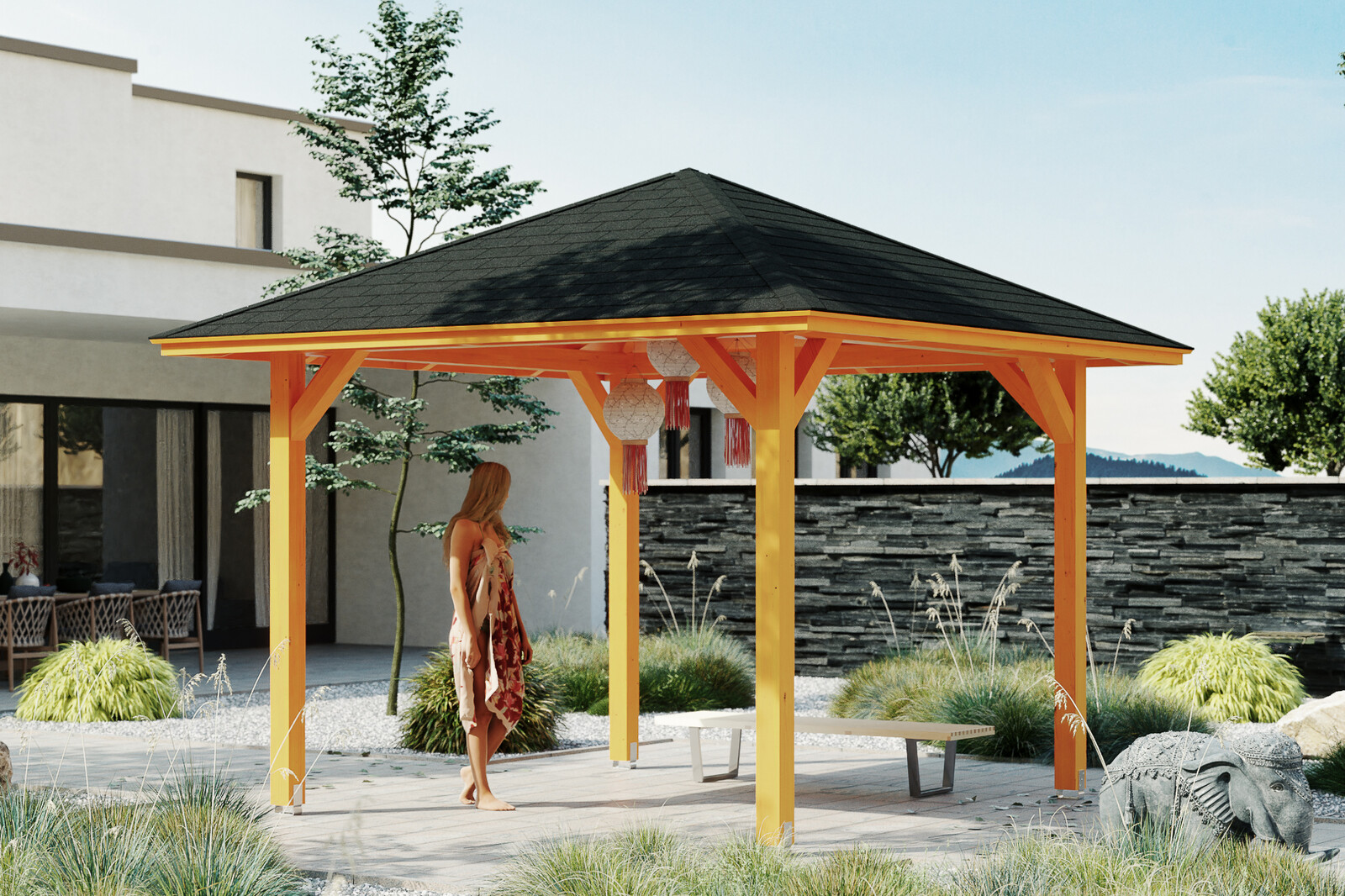 Paviljoen Cannes maat 1, 374 x 374 cm, vierhoekig, gelakt in licht eiken