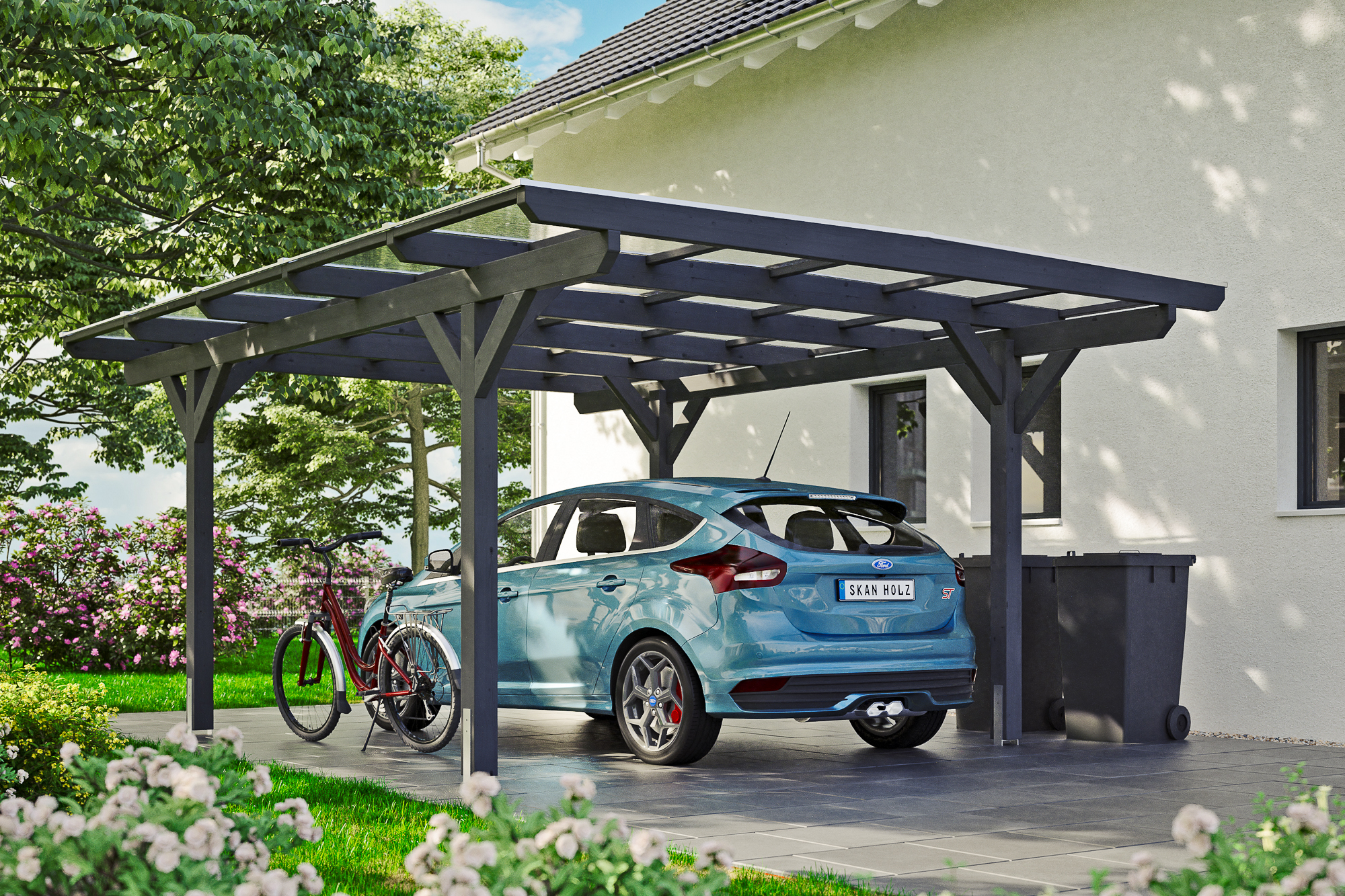 Ambientebild: Carport Odenwald 428 x 541 cm, farblich behandelt in schiefergrau