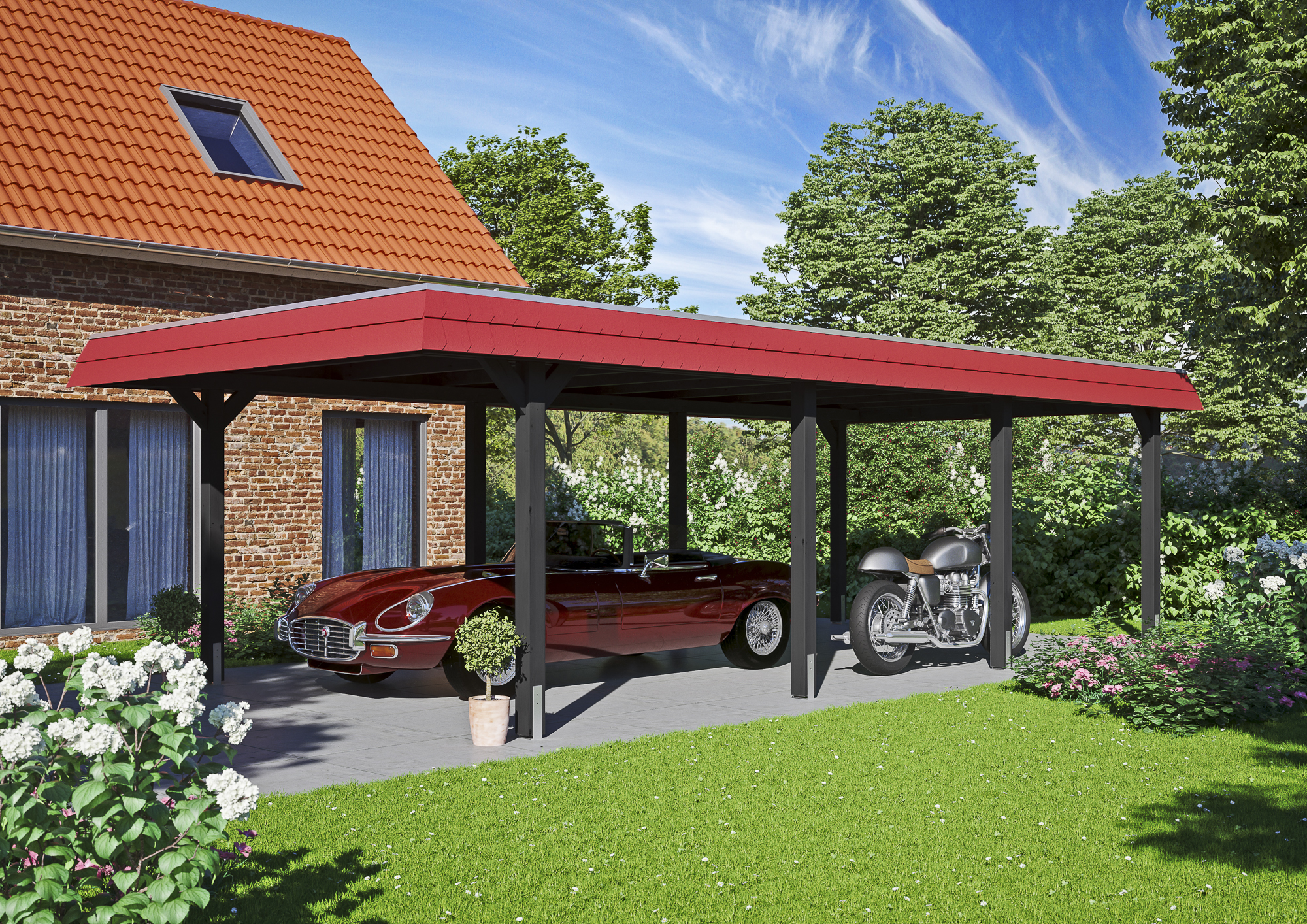 Ambientebild: Carport Wendland 409 x 870 cm, mit roter Blende, farblich behandelt in anthrazit