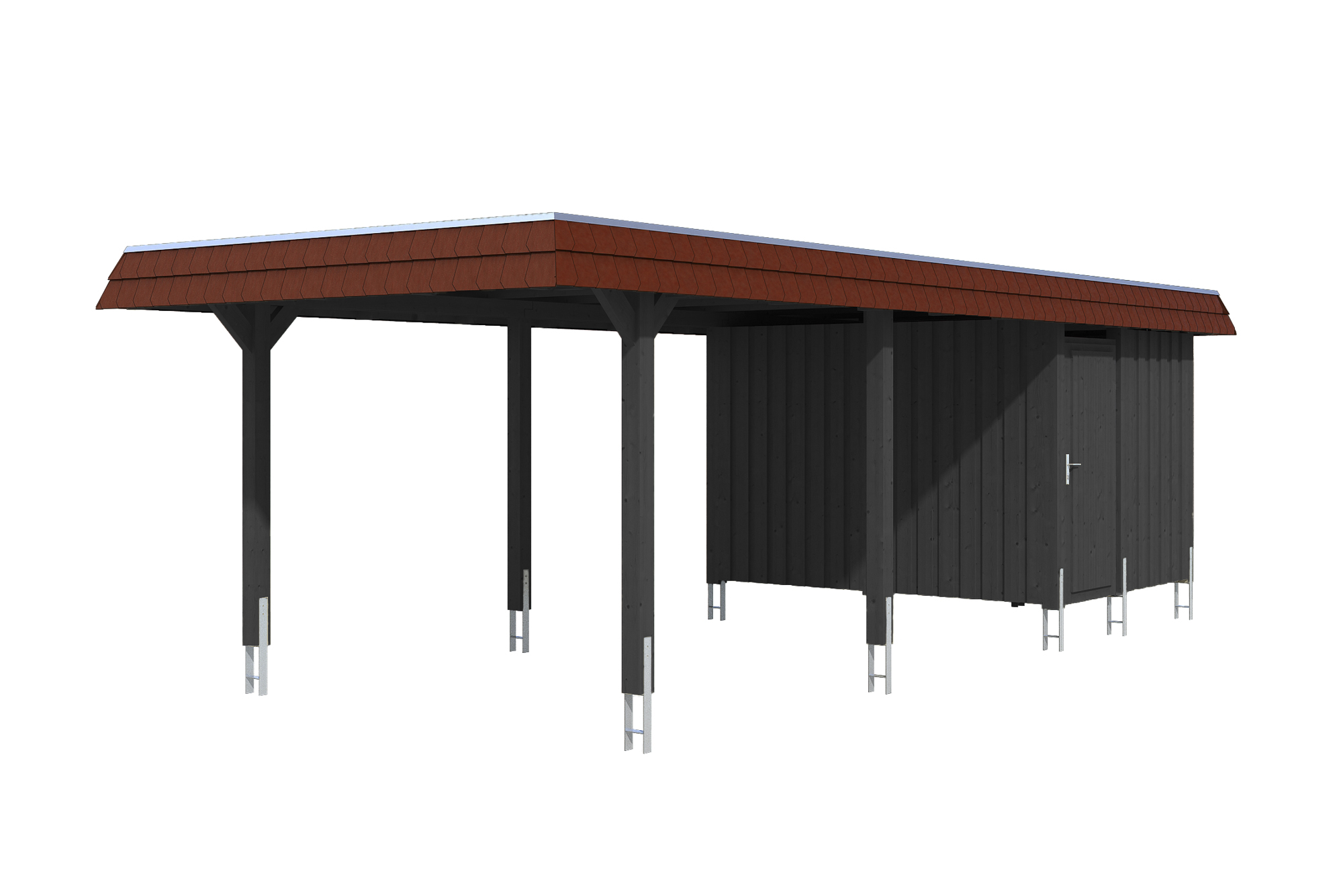 Produktbild: Carport Wendland 362 x 870 cm, mit Abstellraum, mit roter Blende, farblich behandelt in anthrazit