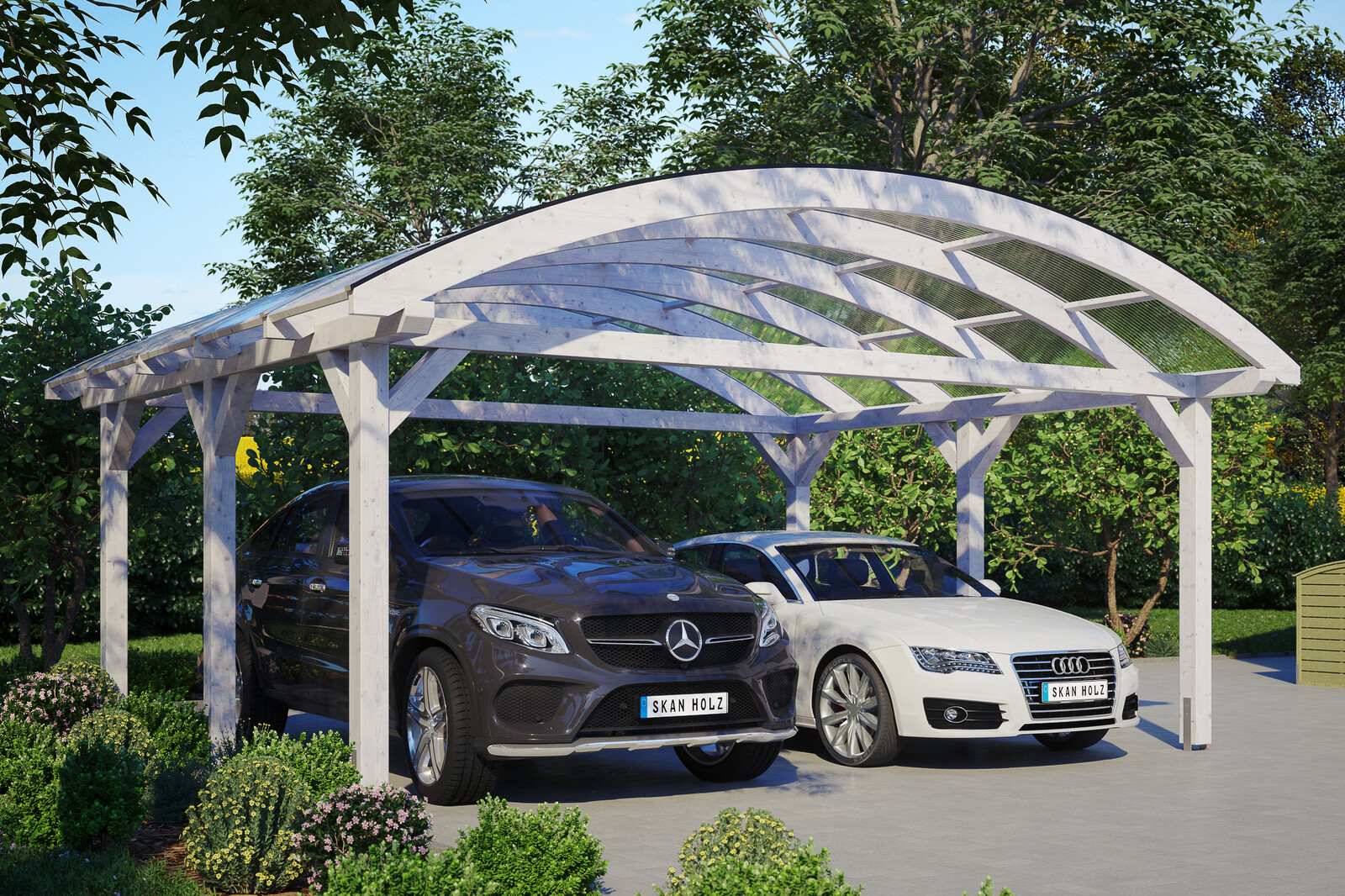 Carport FRANKEN 635x541cm, bois lamellé-collé, traitement coloré blanc