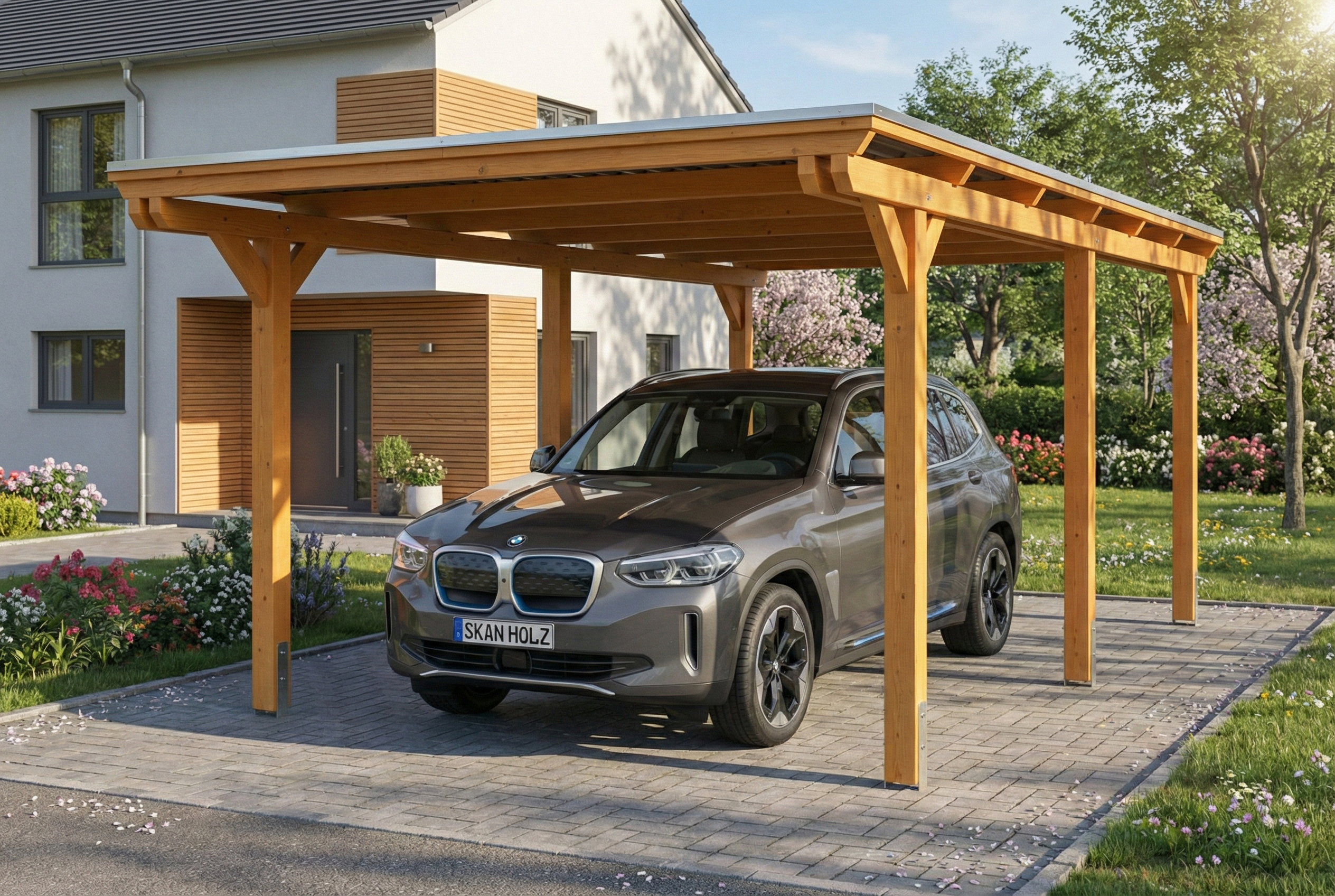 Carport Emsland 340 x 604 cm, stalen dakplaten met antiek condensvlies, licht eiken