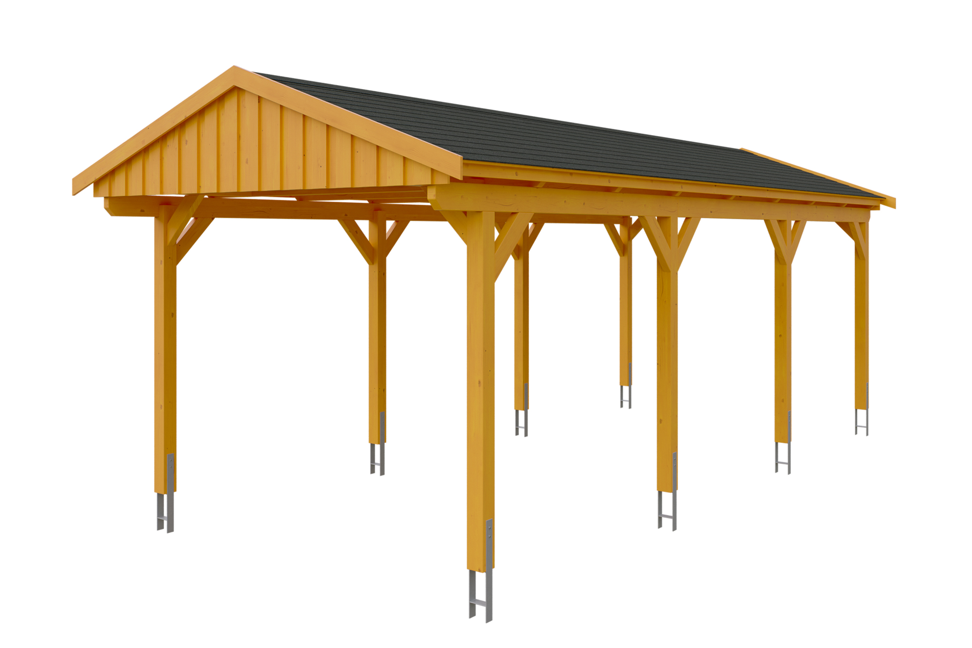 Carport Fichtelberg 317 x 808 cm, zwarte dakshingels, gelakt in licht eiken