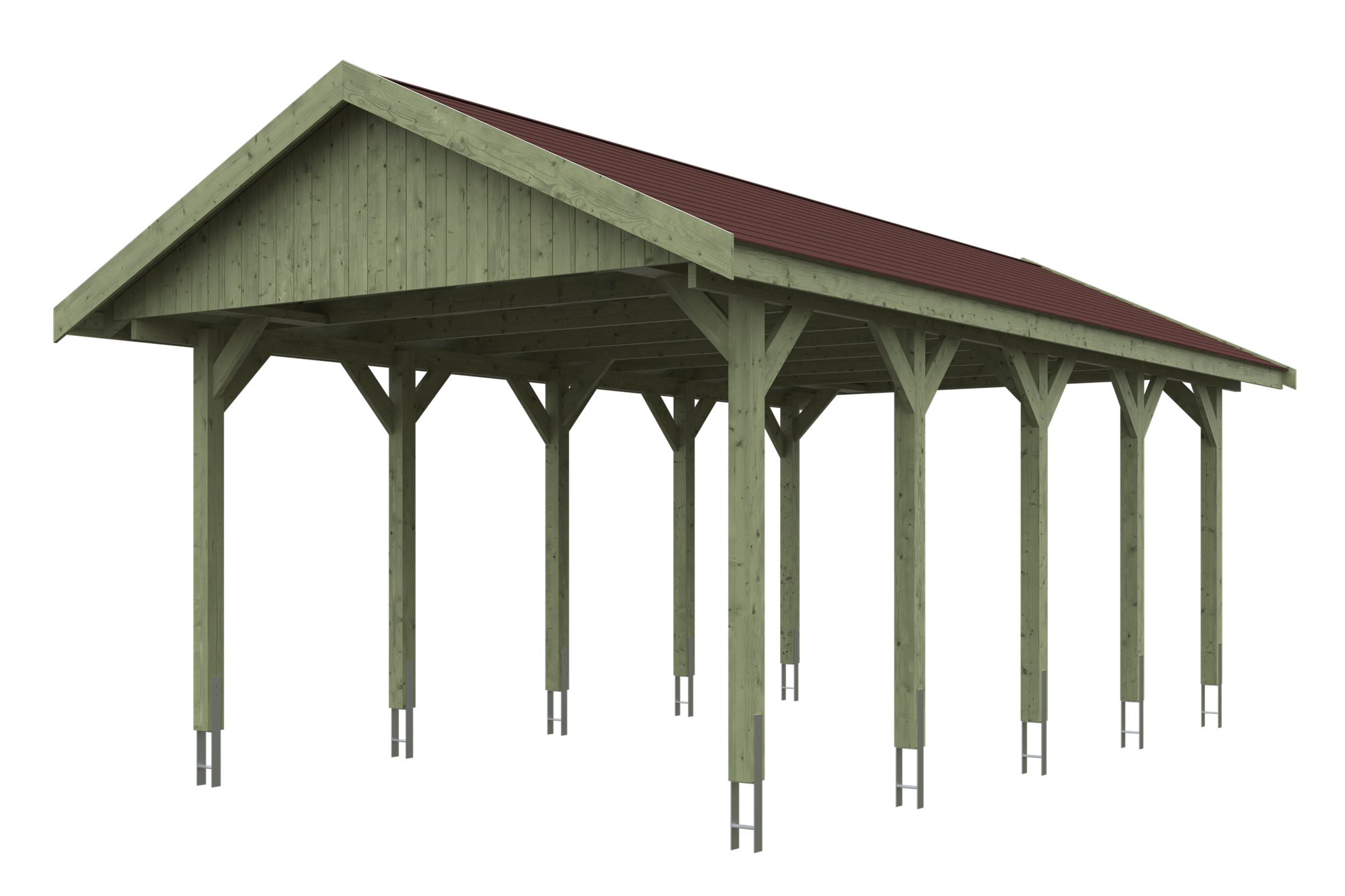 Produktbild: Carport Wallgau 430 x 750 cm, mit roten Dachschindeln, grün imprägniert