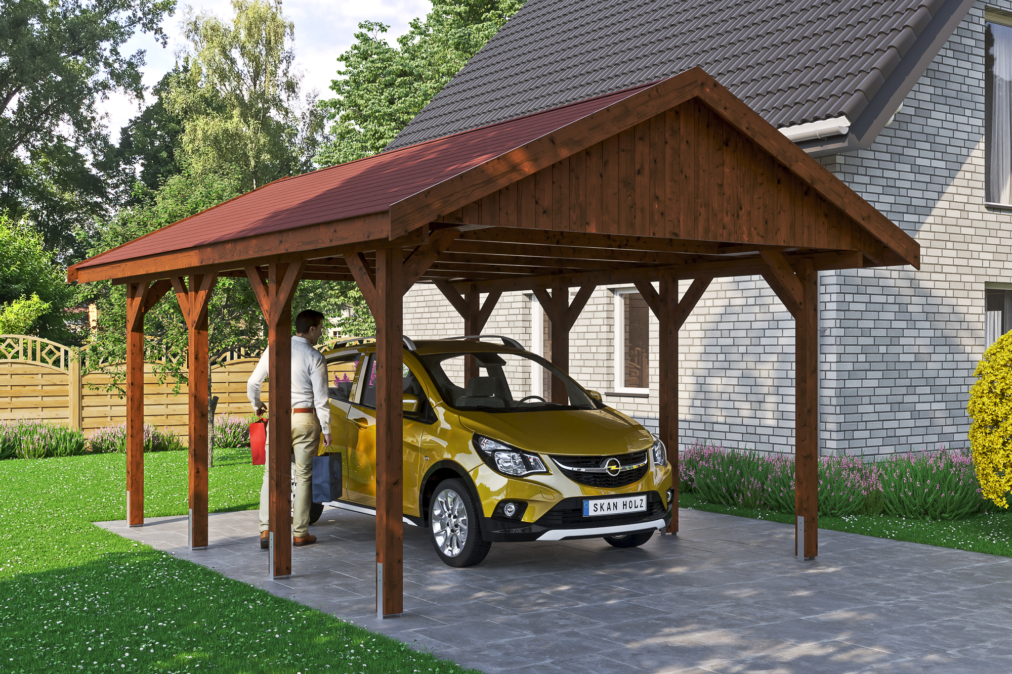 Ambientebild: Carport Wallgau 430 x 600 cm, mit roten Dachschindeln, farblich behandelt in nussbaum
