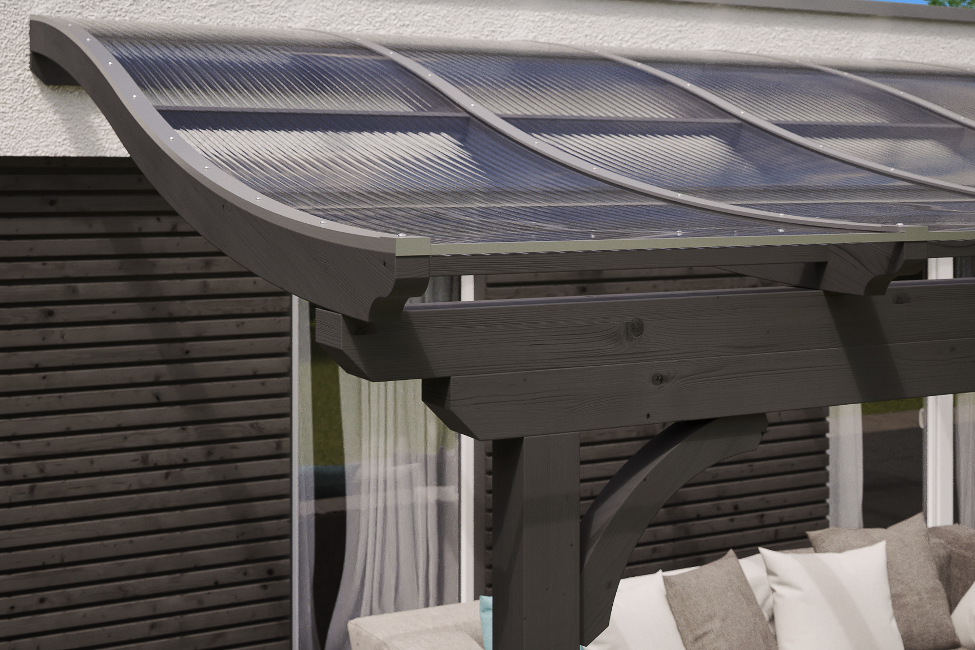 Detailbild einer Terrassenüberdachung Verona farblich behandelt in schiefergrau mit Blick seitlich auf das Dach