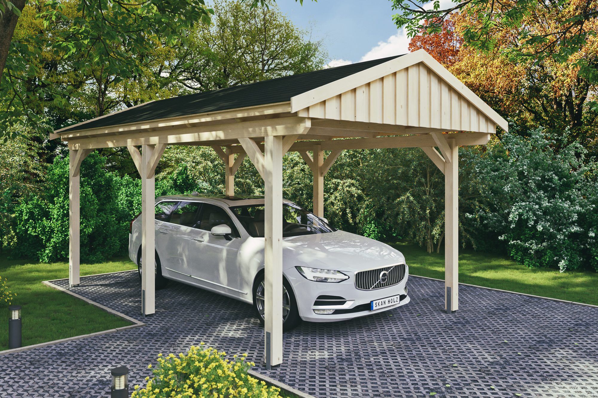 Ambientebild: Carport Fichtelberg 317 x 566 cm, natur, mit schwarzen Dachschindeln