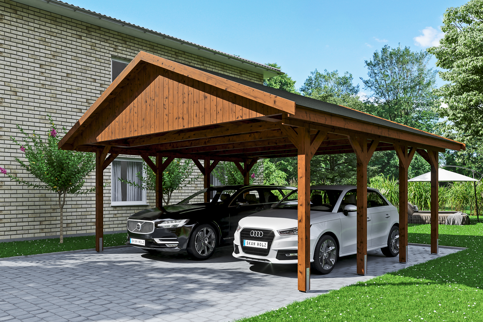 Ambientebild: Carport Wallgau 620 x 600 cm, mit schwarzen Dachschindeln, farblich behandelt in nussbaum