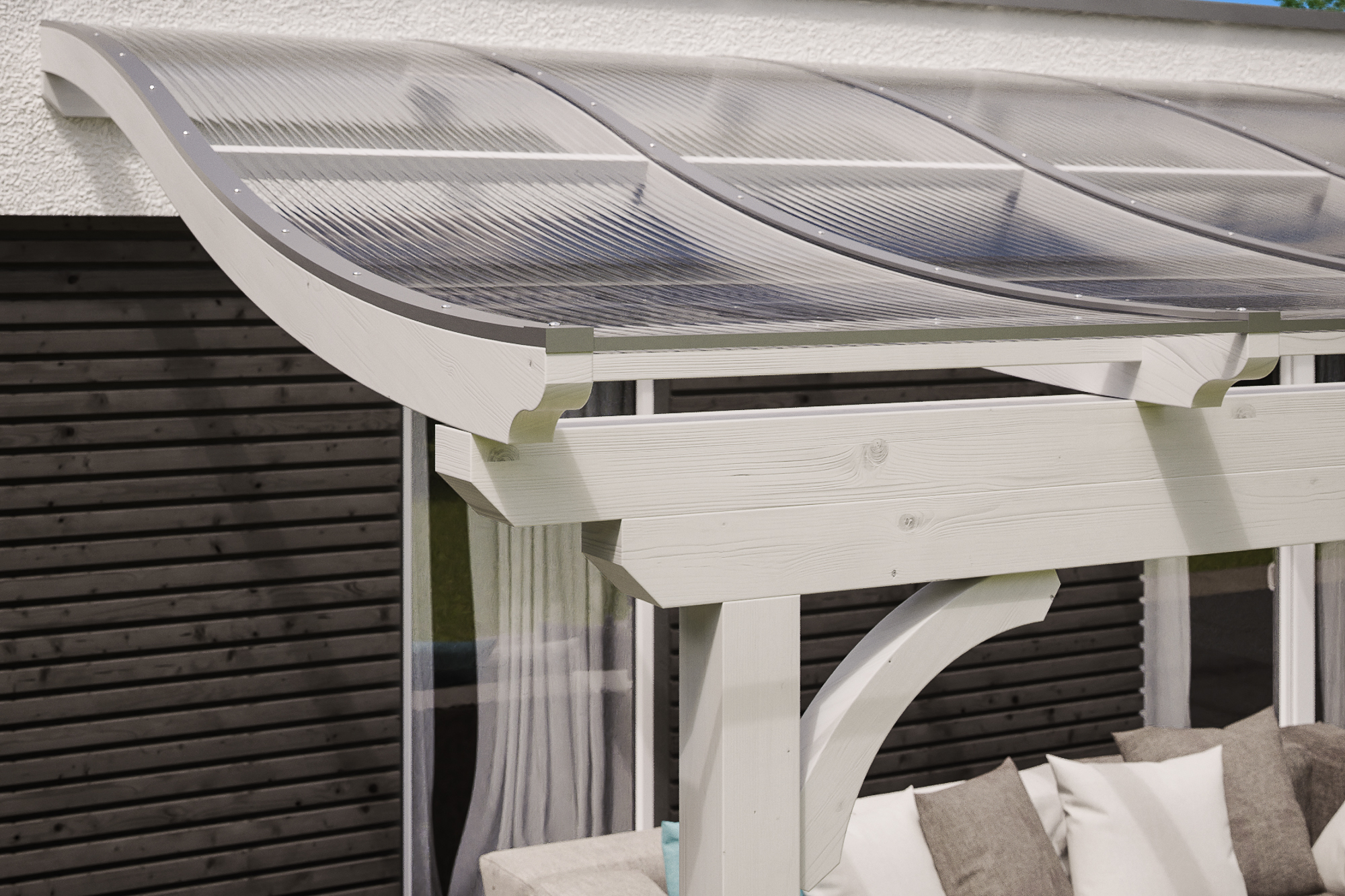 Detailbild einer Terrassenüberdachung Verona farblich behandelt in weiß mit Blick seitlich auf das Dach