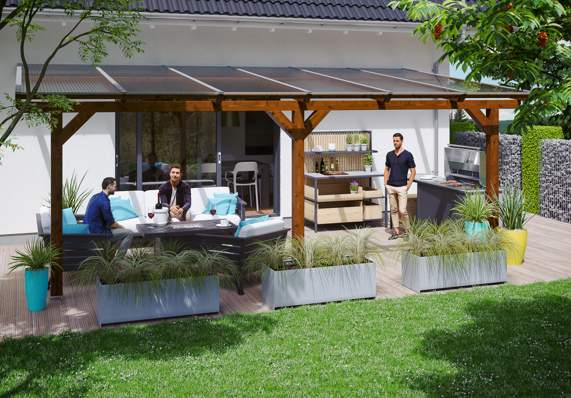 Terrasoverkapping Andria 648 x 250 cm, gelamineerd hout, gelakt in noten