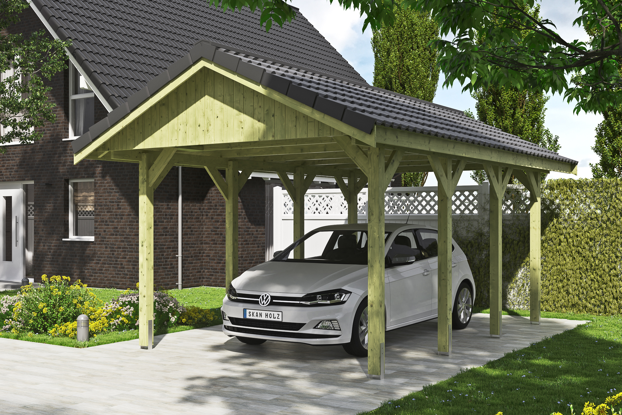 Ambientebild: Carport Wallgau 380 x 600 cm, mit Dachziegeln, grün imprägniert 