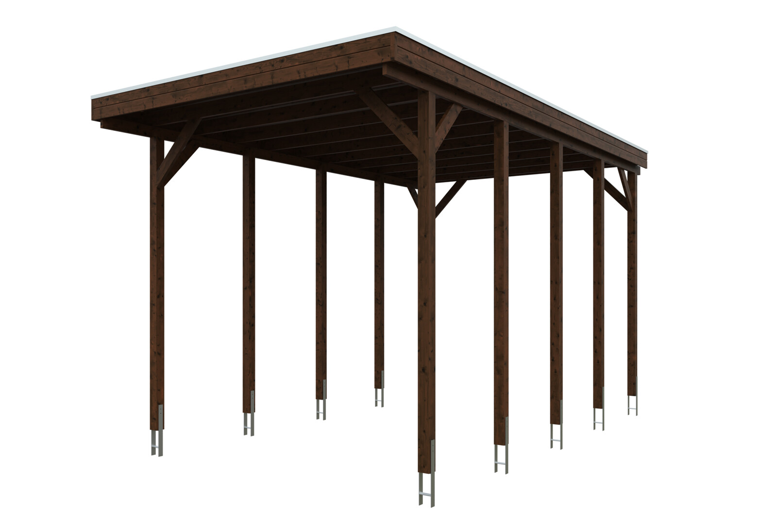 Caravan-Carport Friesland 397 x 708 cm, gelakt in noten, met Aluminium dakplaten